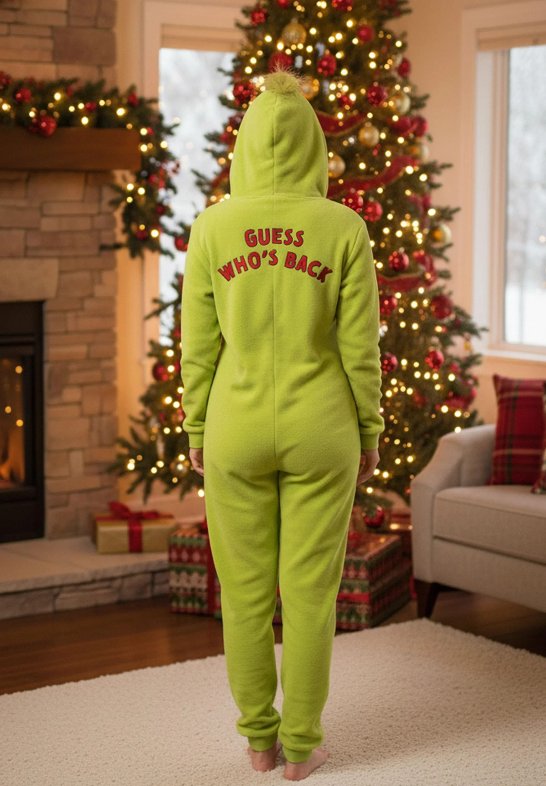 Grinch POLAROWA piżama JEDNOCZĘŚCIOWA zapinana na zamek, damskie CIEPŁE onesie z kapturem