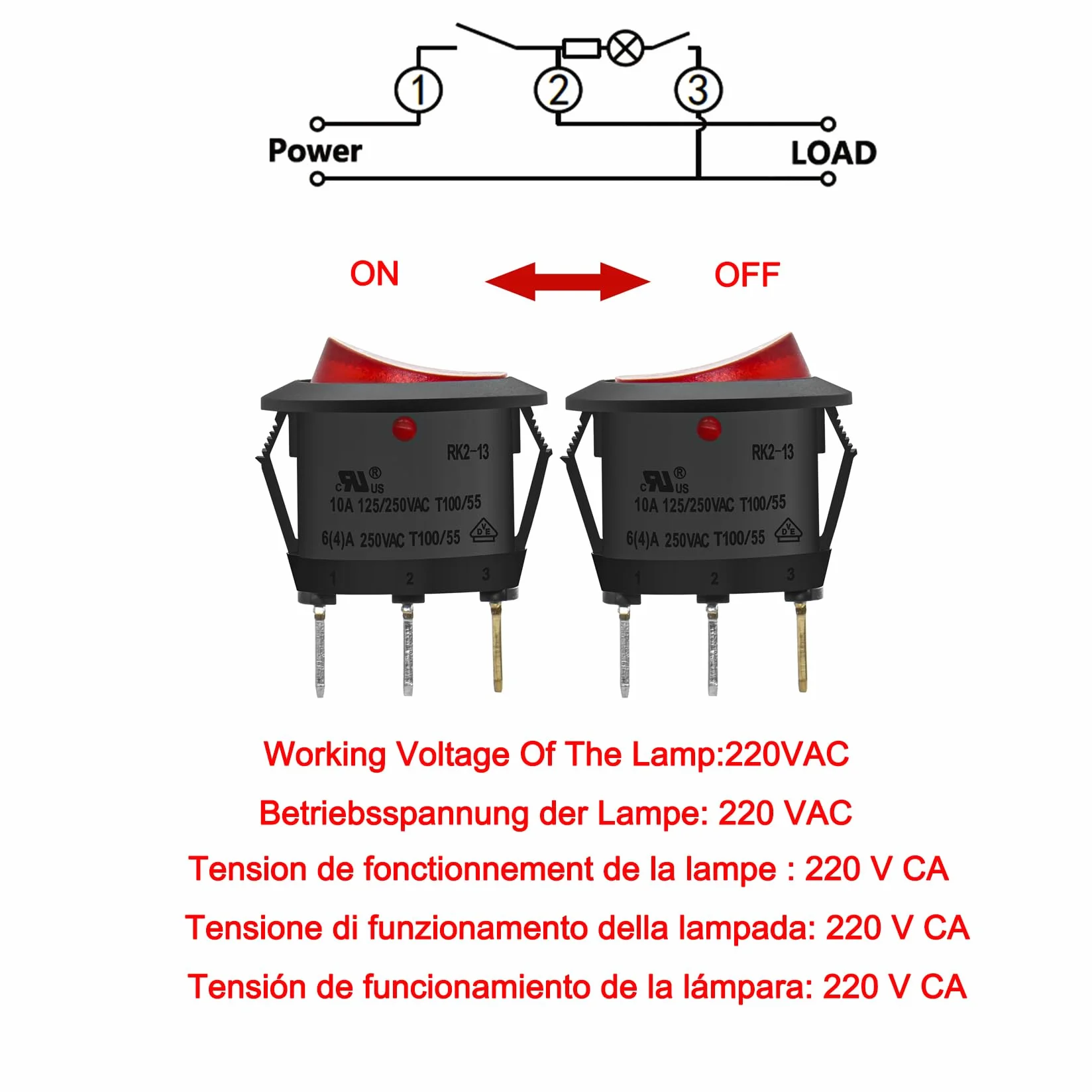 Heschen okrągły przełącznik kołyskowy ON-OFF SPST 3 zaciski czerwone światło 10 A 250 V AC 2 sztuki