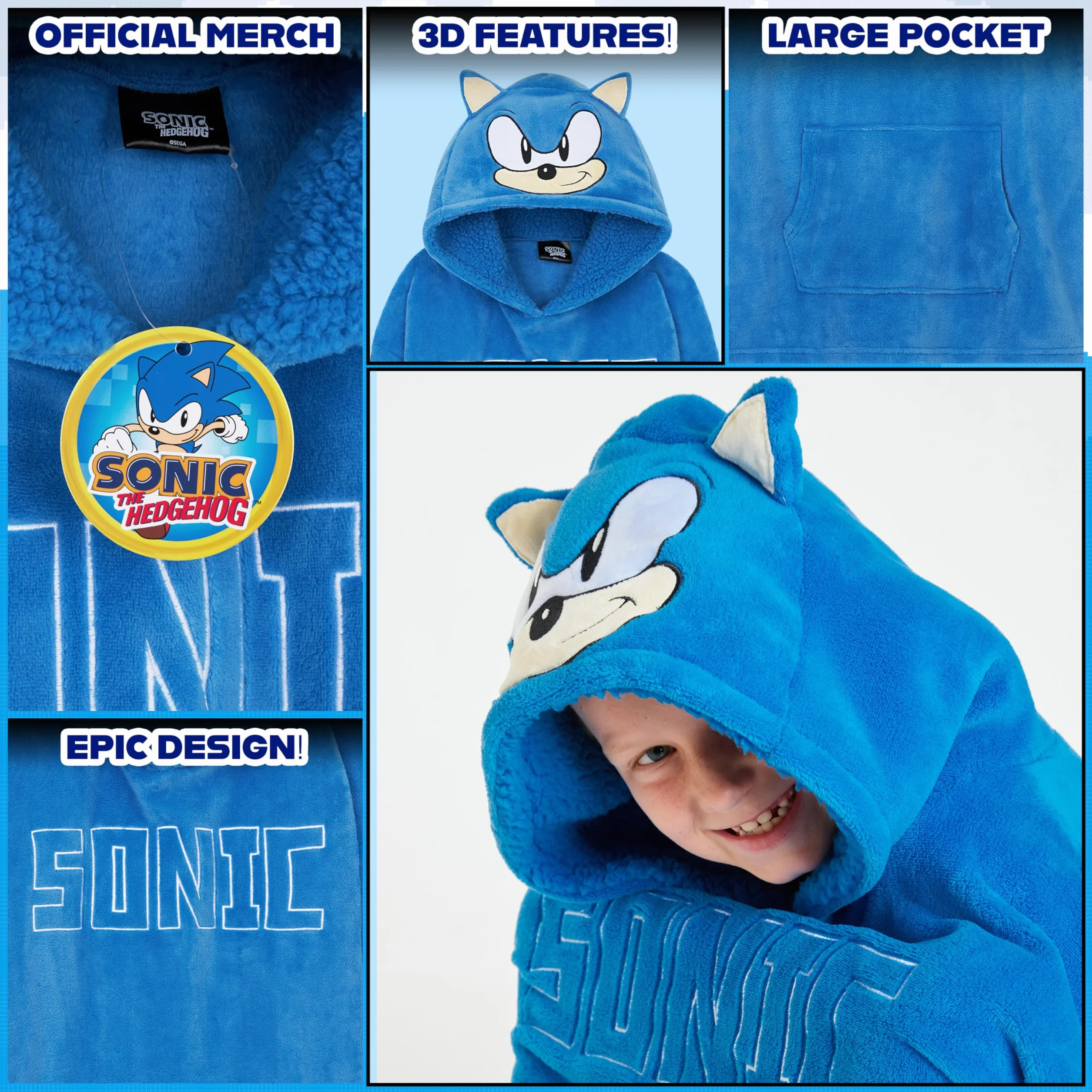 Sonic The Hedgehog Polarowy koc z Kapturem dla Chłopców i Nastolatków Ponadwymiarowe Polarowe Ponczo Jeden Rozmiar Prezenty dla Chłopców