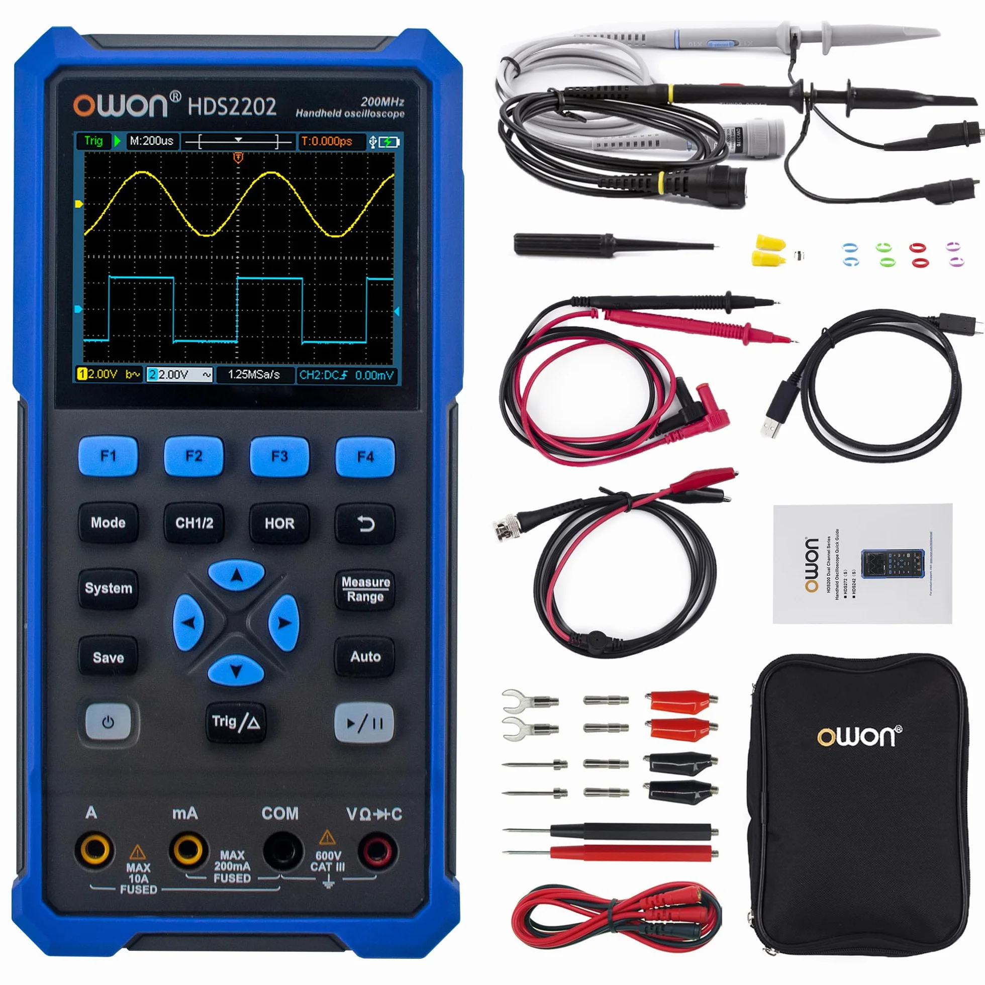 HDS2202 OWON oscyloskop 2 w 1, szerokość pasma 200 MHz, oscyloskop, dwa kanały 1 GSa/s częstotliwość próbkowania z 3,5 cala LCD funkcją automatycznej kalibracji