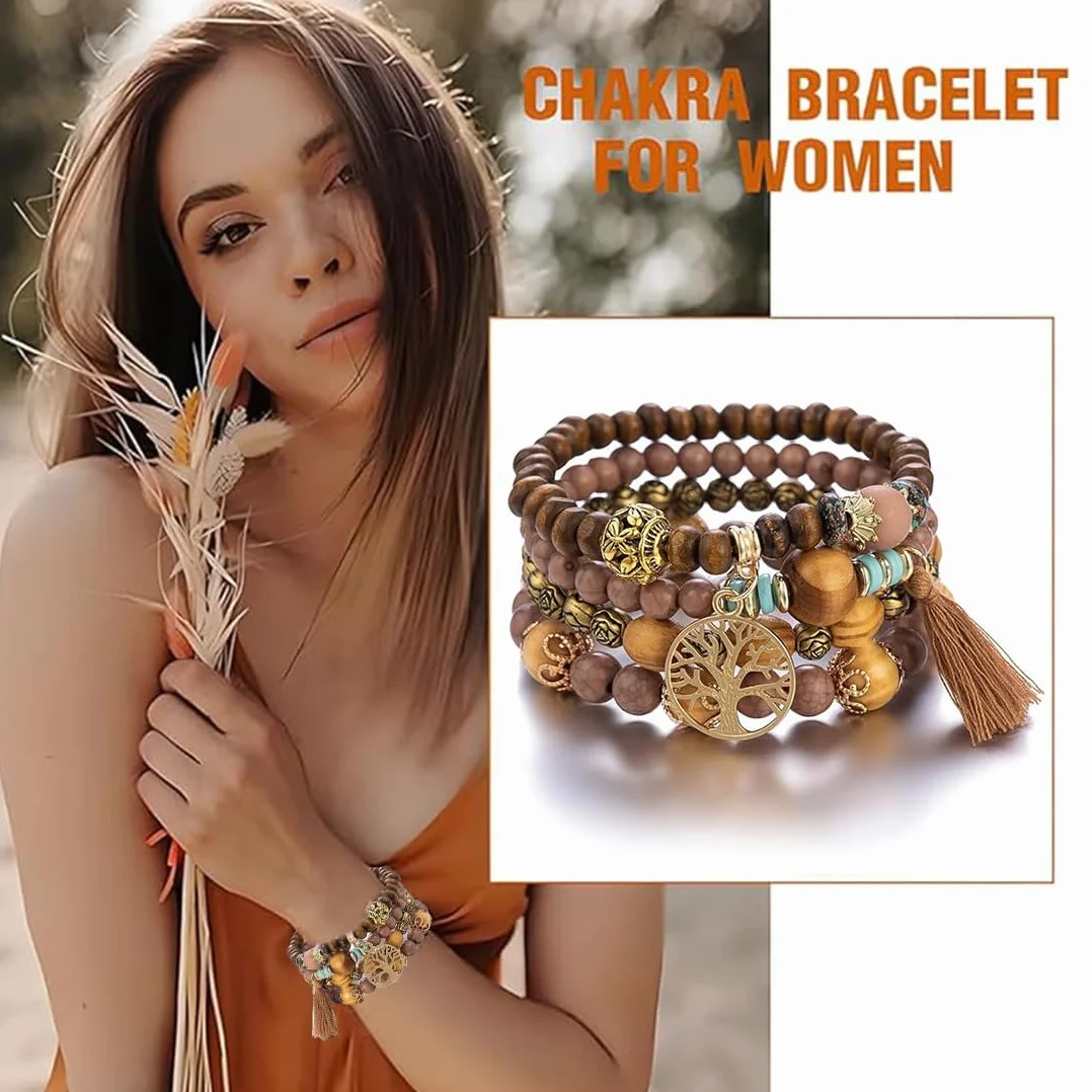 Bransoletka boho z drewnianymi koralikami, bransoletka czakra dla kobiet, naturalne kryształowe kamienie lecznicze, bransoletka dla kobiet, drzewo życia, charms