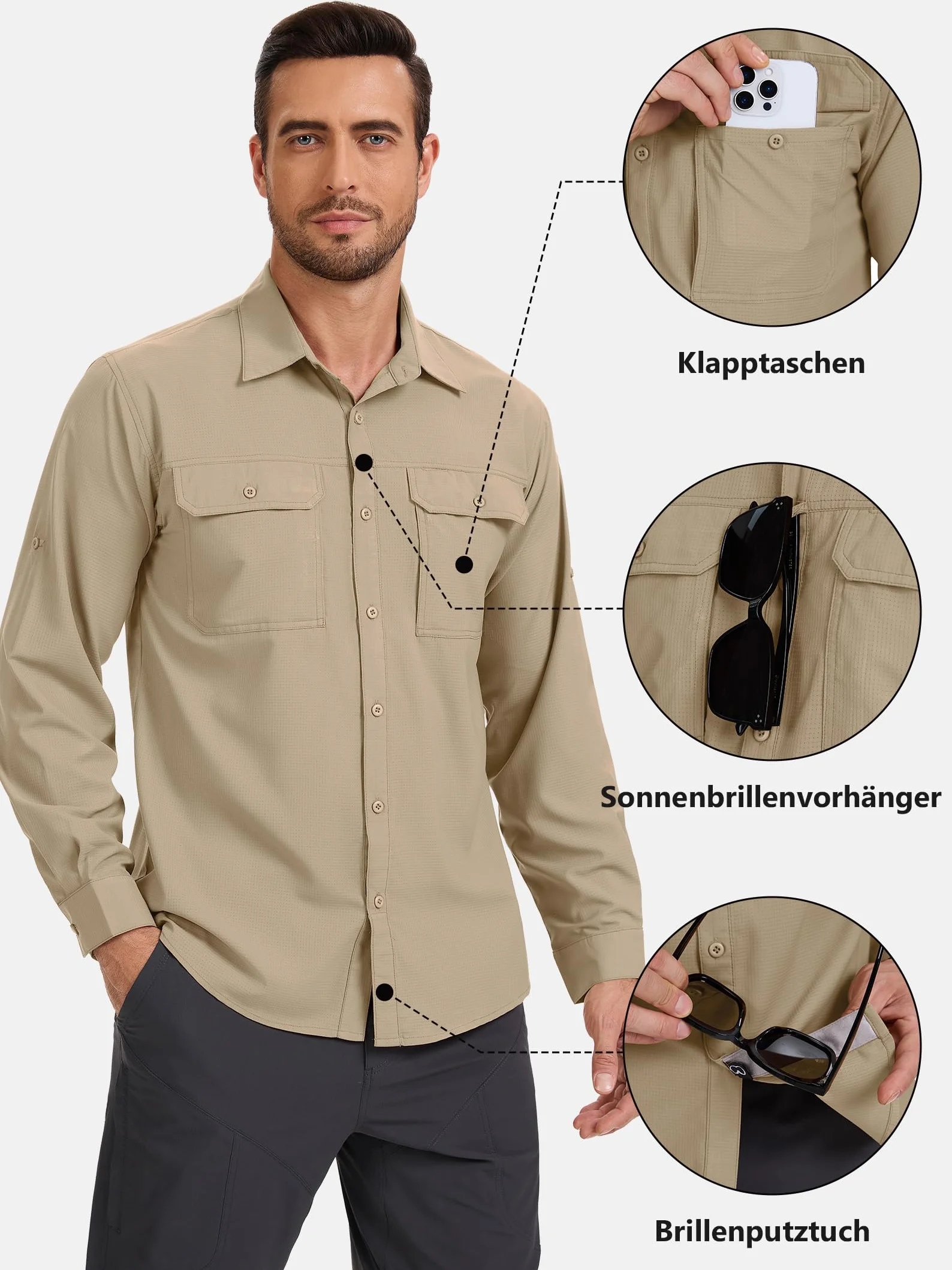 Safari koszula męska, UPF50+, ochrona przed promieniowaniem UV, koszula outdoorowa, męska, koszula funkcyjna, oddychająca, szybkoschnąca, koszula rekreacyjna, zapinana na guziki