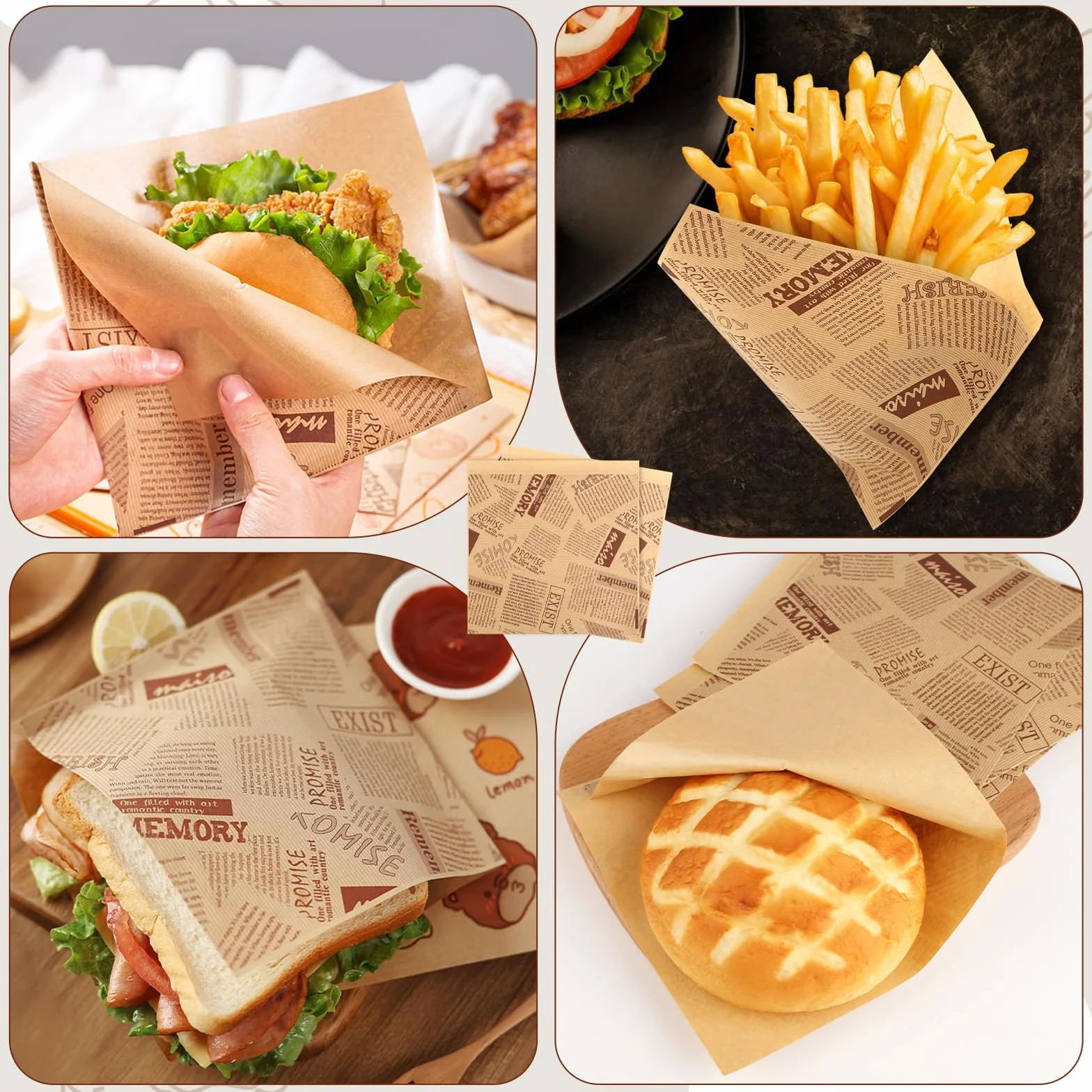 200 sztuk arkuszy papieru Deli, 15 x 15 cm, papier typu burgery, torebki do kebaba, kanapek, papier do zawijania kanapek, burgerów, frytek