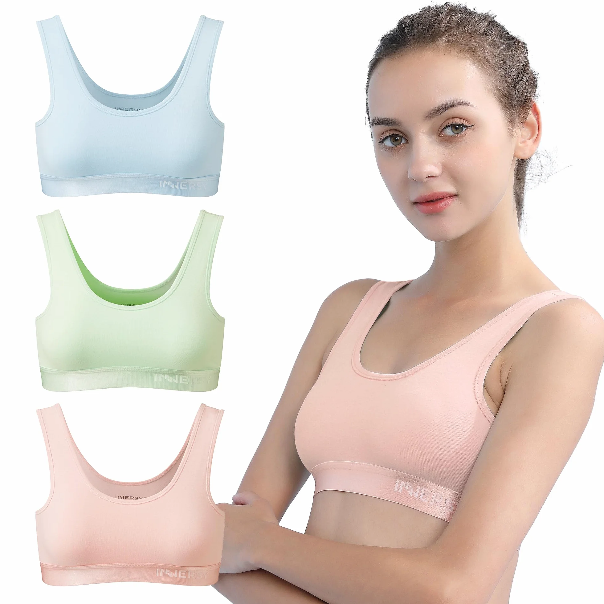 INNERSY Bustier dziewczęcy biustonosz sportowy bez fiszbin, dla dzieci do nastolatków 6-16 lat, 3 sztuki