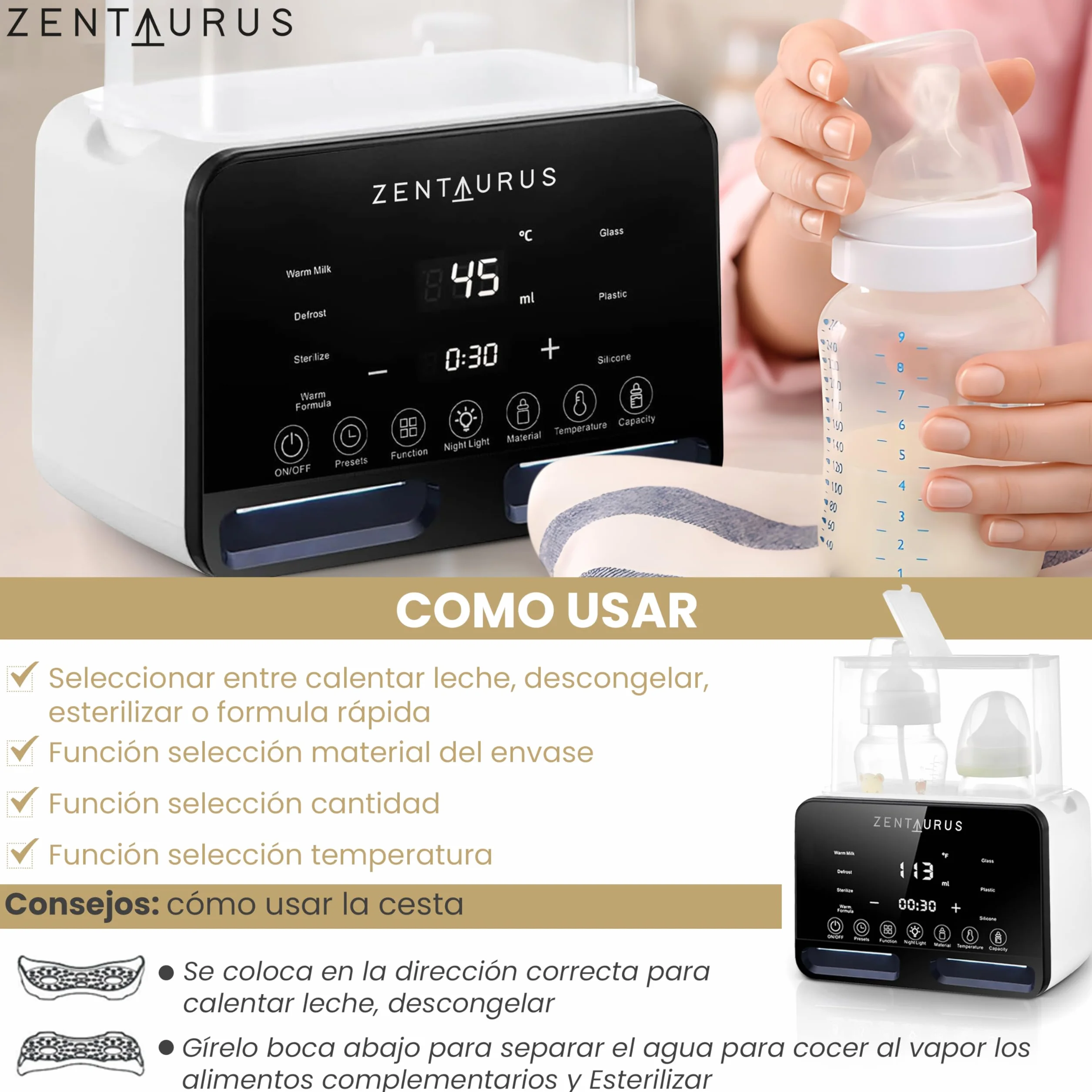 ZENTAURUS - Podgrzewacz do butelek - Sterylizator do butelek - Sterylizator smoczków - Podgrzewacz do butelek - Rozmrażanie - Podgrzewacz do butelek do mleka