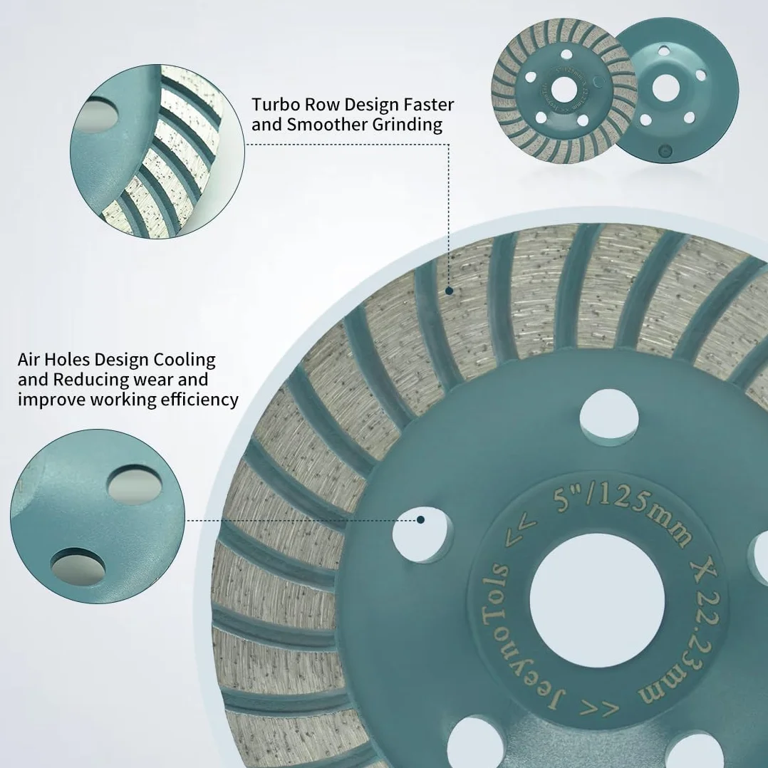 1-JeeynoTols szlifierka diamentowa do betonu - 125 mm szlifierka kątowa turbo rząd garnkowy koło garnkowe do szlifowania/polerowania/czyszczenia powierzchni granitu, betonu, kamienia, cementu,