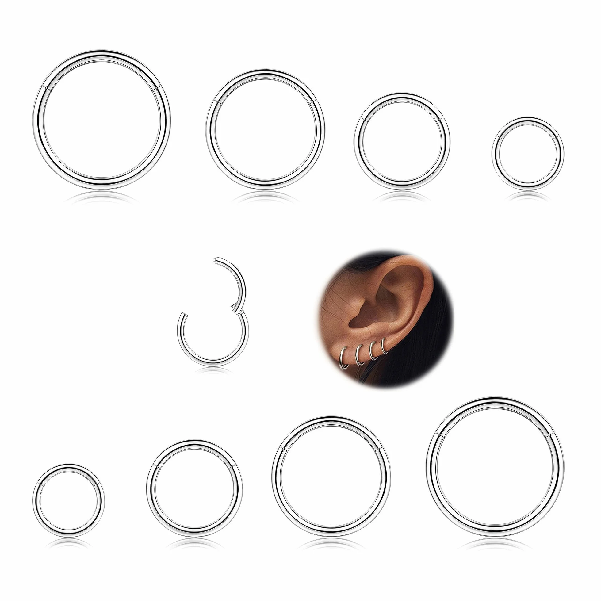 MILACOLATO 8 szt. 16G stal chirurgiczna na zawiasach zatrzaskowe segmentowe pierścienie do nosa obręcz helix chrząstka stokrotka Ohr tragus Sleeper kolczyki piercing do ciała 6-12 mm