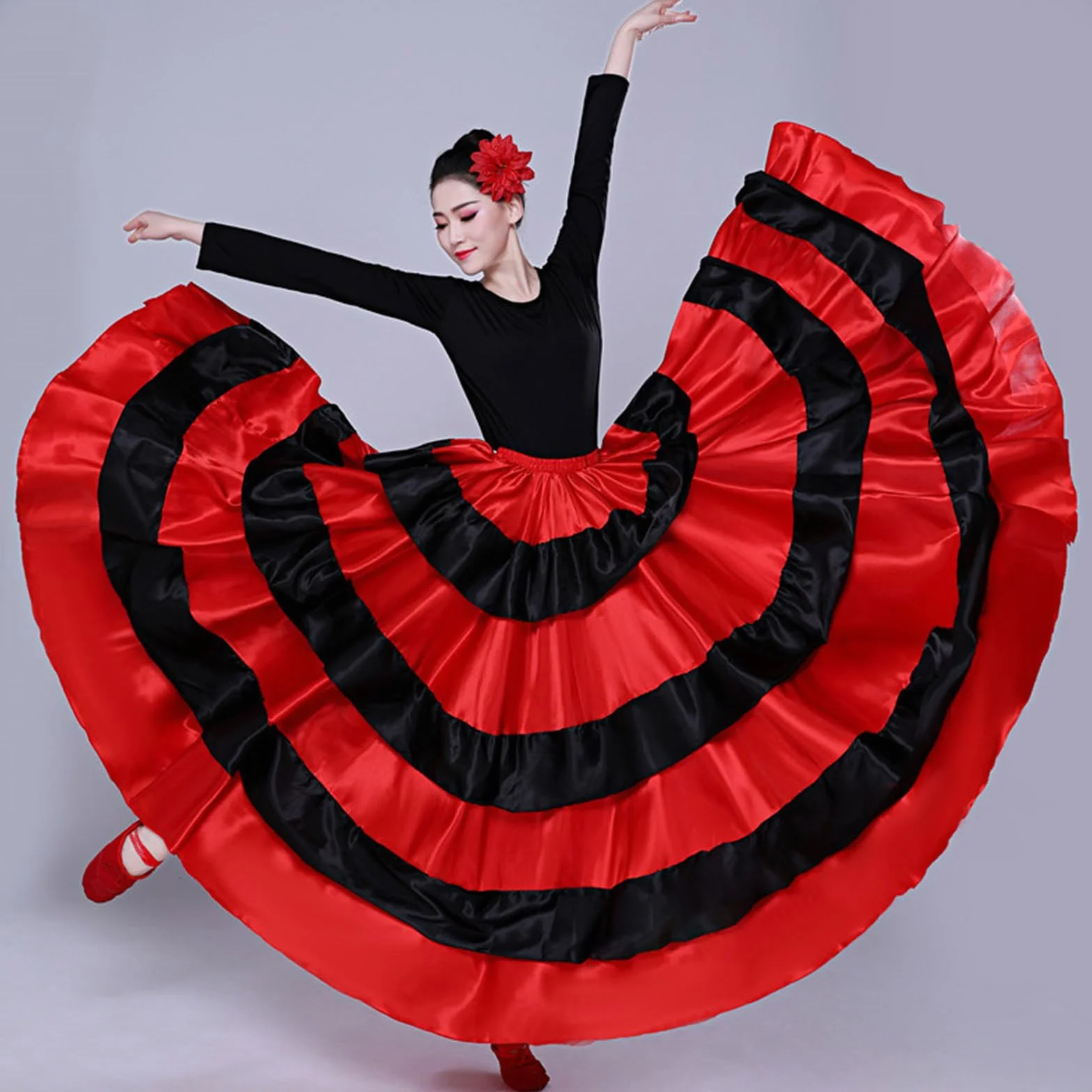 Damska czarna czerwona warstwowa długa spódnica do hiszpańskiego flamenco Meksyk Balet Folklorico spódnica do tańca brzucha długa spódnica flamenco hiszpański taniec duża huśtawka kostium na Halloween