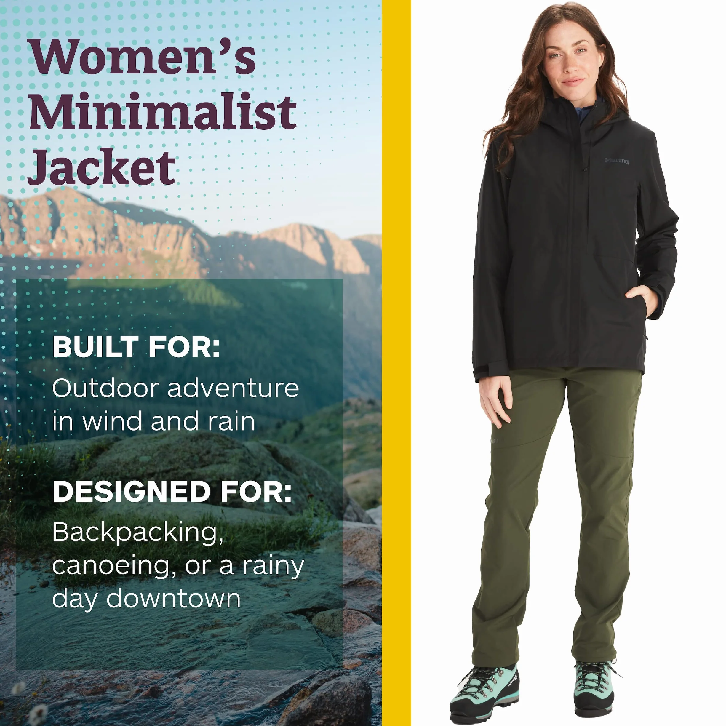 Marmot Kobiety Wm's Minimalist Jacket, Wodoodporna kurtka przeciwdeszczowa GORE-TEX, oddychający płaszcz przeciwdeszczowy z kapturem, lekka wiatrówka hardshell na wędrówki, Black, S