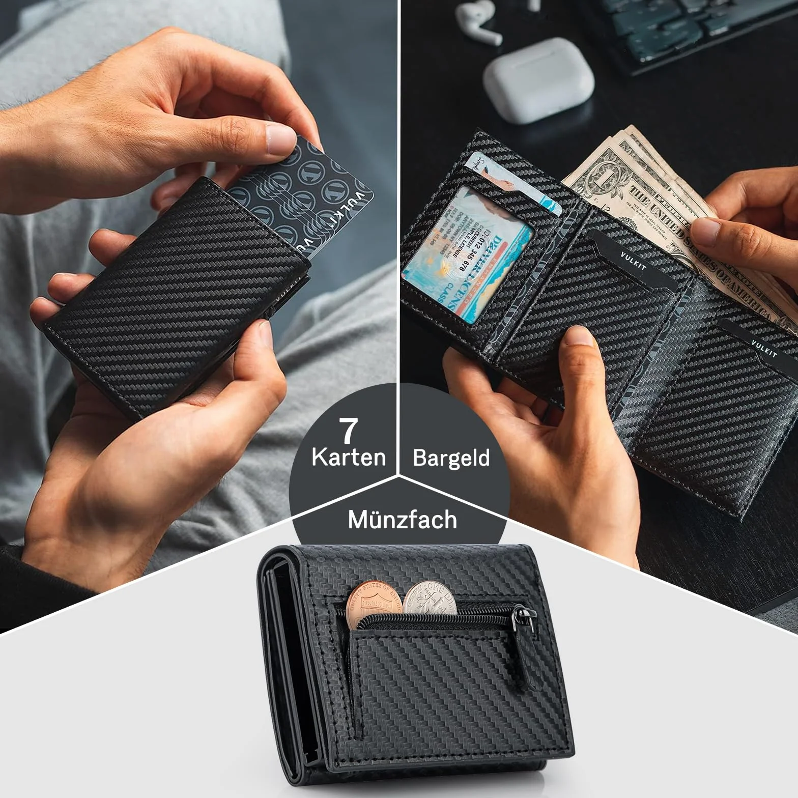 skórzany portfel męski Slim z kieszenią na monety etui na karty mały/mini z ochroną RFID etui na karty portfel czarny węglowy inteligentny portfel męski