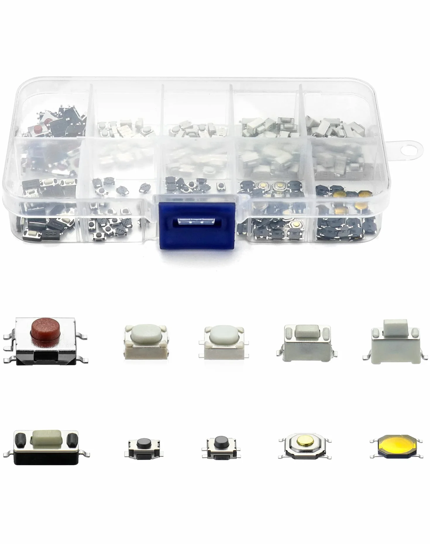 QWORK® 250 sztuk mikroprzełącznik 10 wartości, dotykowy przełącznik ciśnienia, mikroprzełącznik, z plastikowym pudełkiem, do kluczyków z pilotem samochodowym;