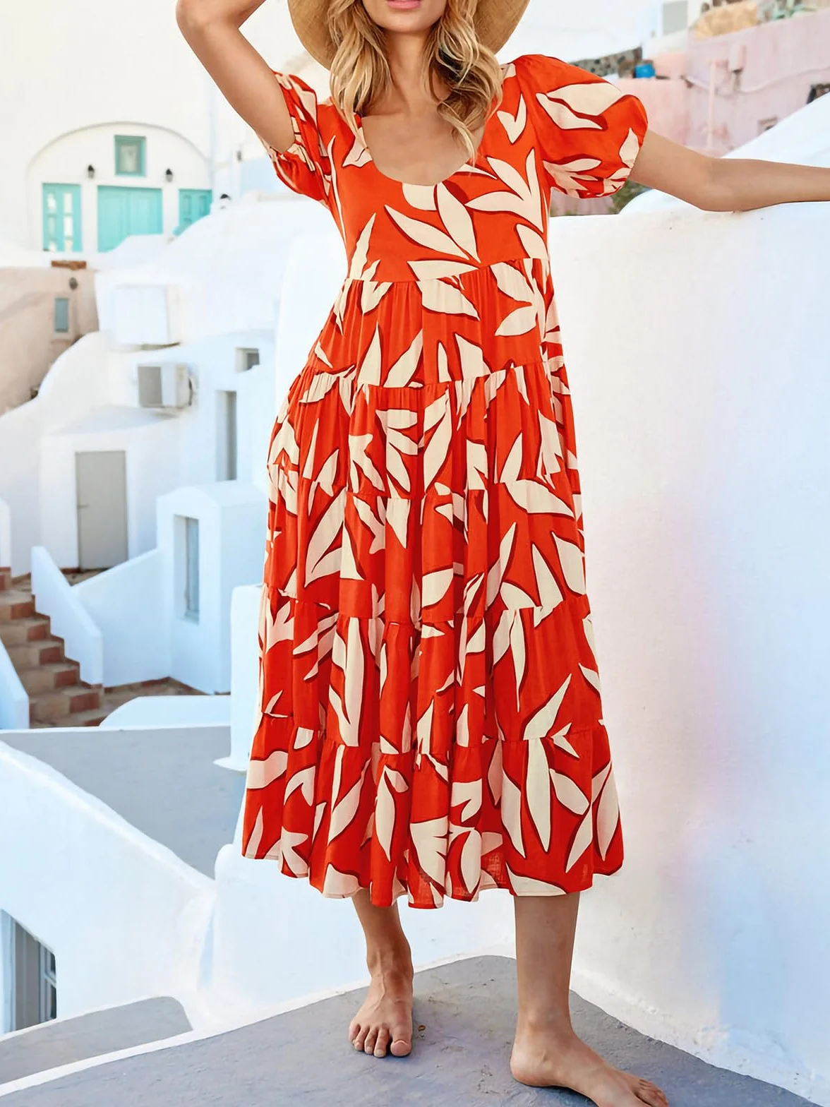 PRETTYGARDEN Short Sleeve Floral Maxi Dresses for Women 2025 Wedding Guest Summer Dress Flowy Beach Vacation Outfits (Orange White Flower,Large)