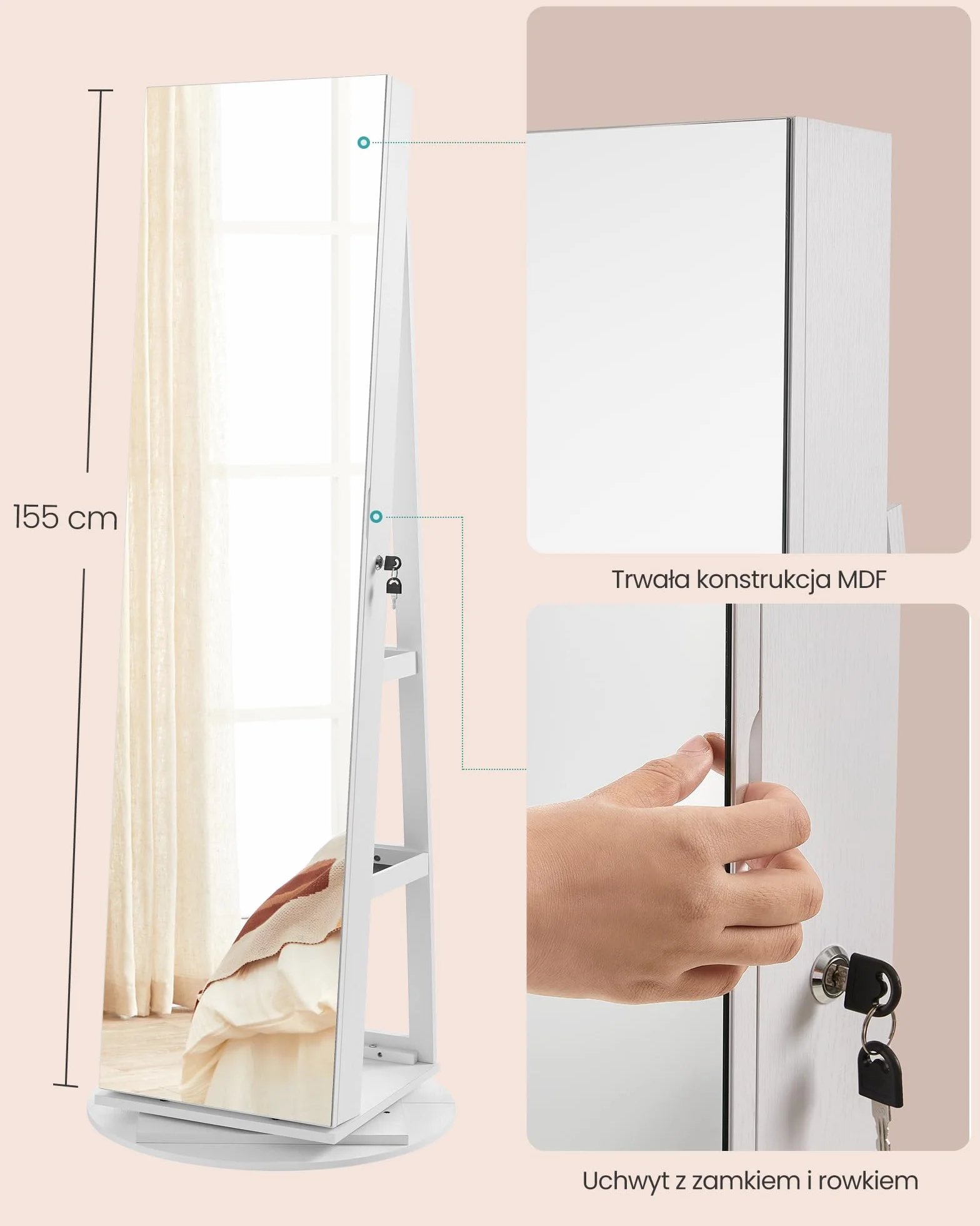 SONGMICS Szafa na biżuterię, szafa lustrzana, z lustrem bez ramy na całej długości, 3 półki, obracana o 360°, zamykana, biała JJC007W01