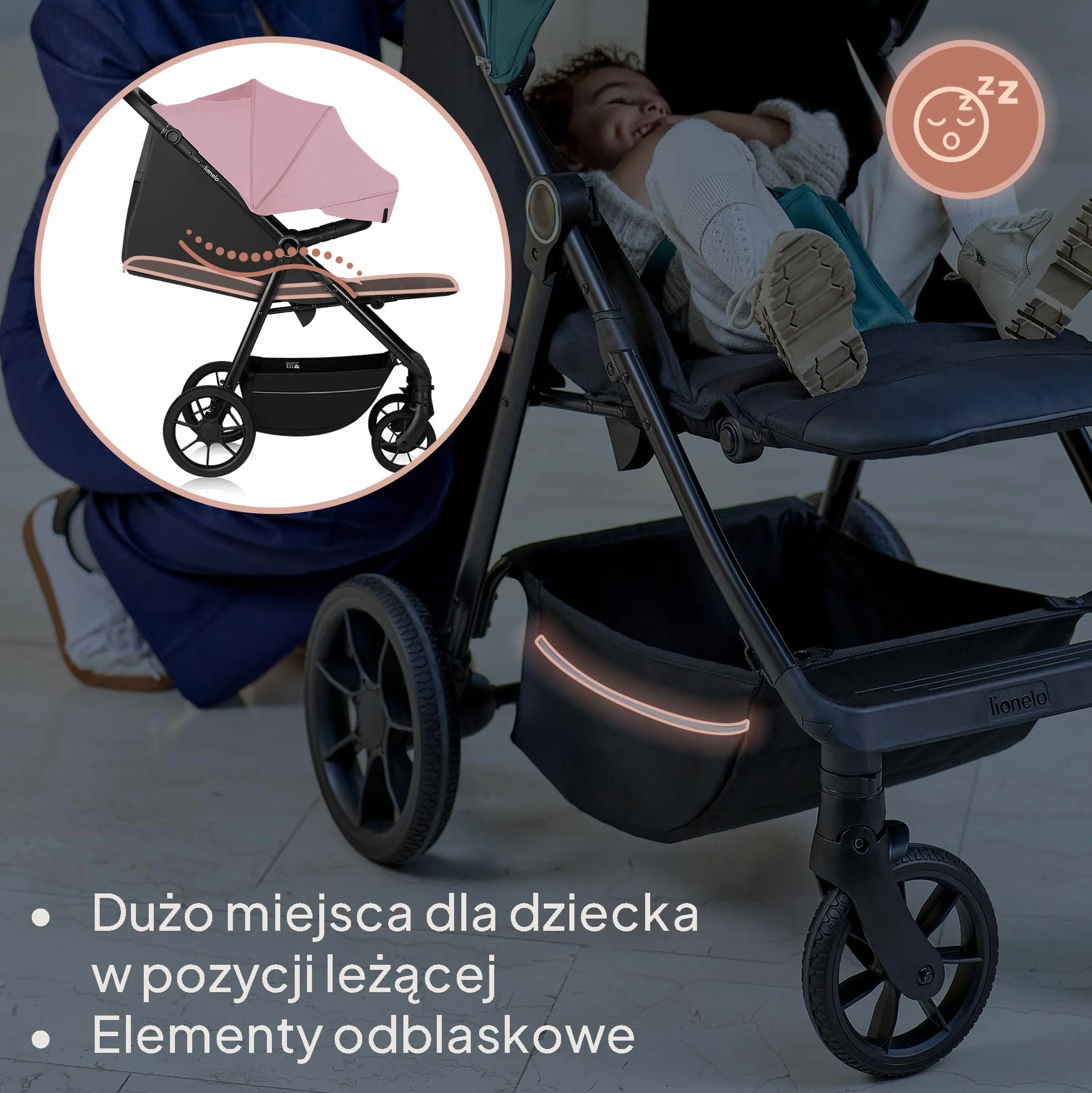 LIONELO MIRA Wózek dziecięcy do 22 kg, od 6 m do 4 lat, kółka obrotowe o 360°, całkowita amortyzacja, regulowany oparcie i podnóżek, XXL, UPF50, duży kosz do 3 kg (różowy)