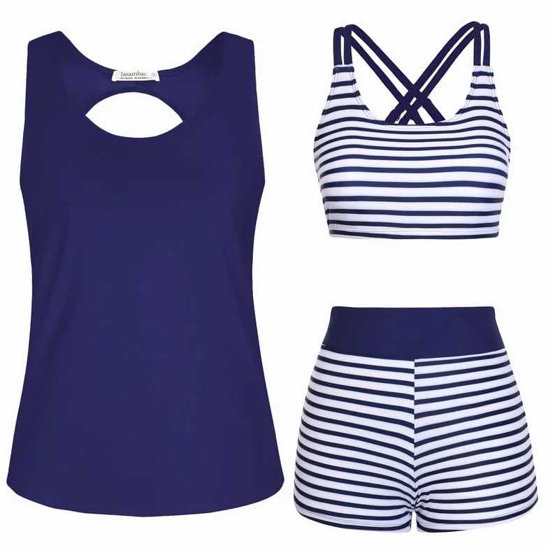 JASAMBAC 3-częściowy strój kąpielowy tankini dla kobiet strój kąpielowy tank top z topem bikini zestaw szortów