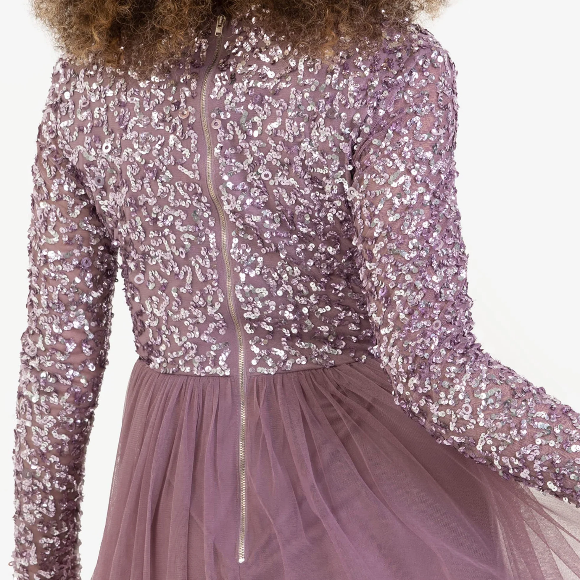Maya Deluxe Sukienka druhny Kobiety Midi Dress Long Sleeve Plunging Neckline V Neck Sequin Embellished Graduation