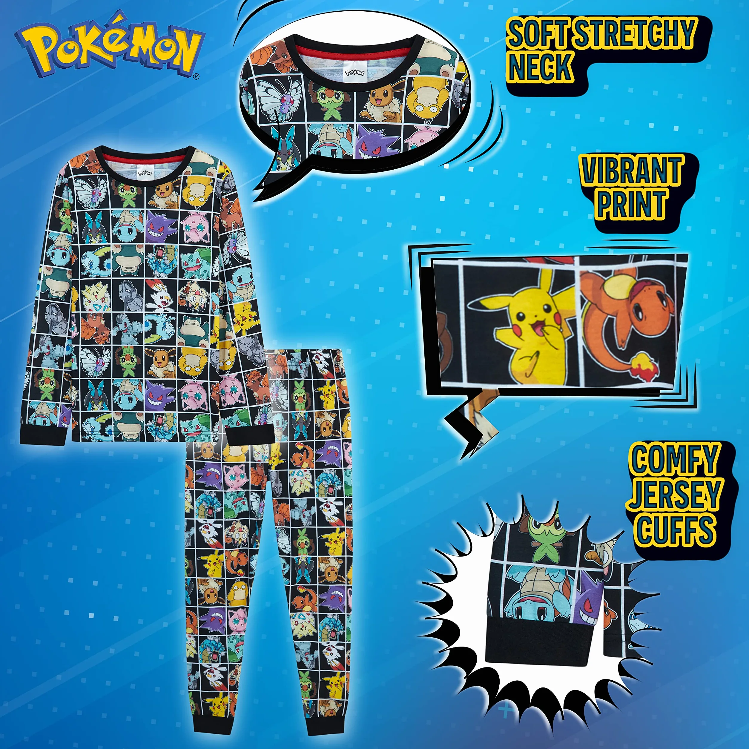 Pokémon Piżama dla chłopców, 2-częściowy zestaw piżam dziecięcych z Snorlax, Pikachu, Squirtle, Bulbasaur i Charmender, koszulka z długim rękawem, 100% bawełniana bielizna nocna dla dzieci, prezent dla chłopców, Czarny
