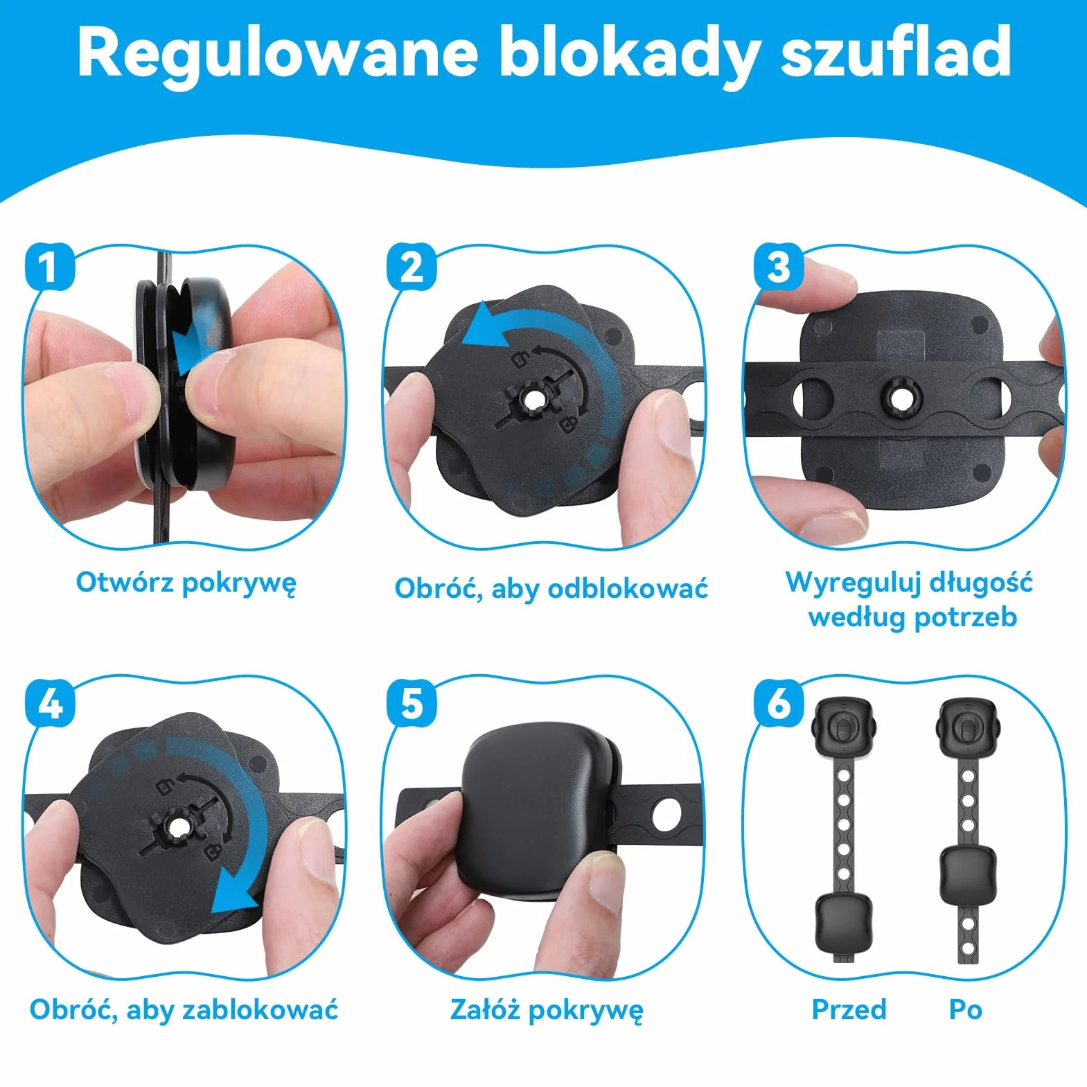 Bezpieczne zamki do szafek dla dzieci, 6-częściowe podwójne zamki zabezpieczające przed dziećmi, regulowane zamki zabezpieczające dla dzieci do szafek, szuflad, lodówki, toalety (czarny)