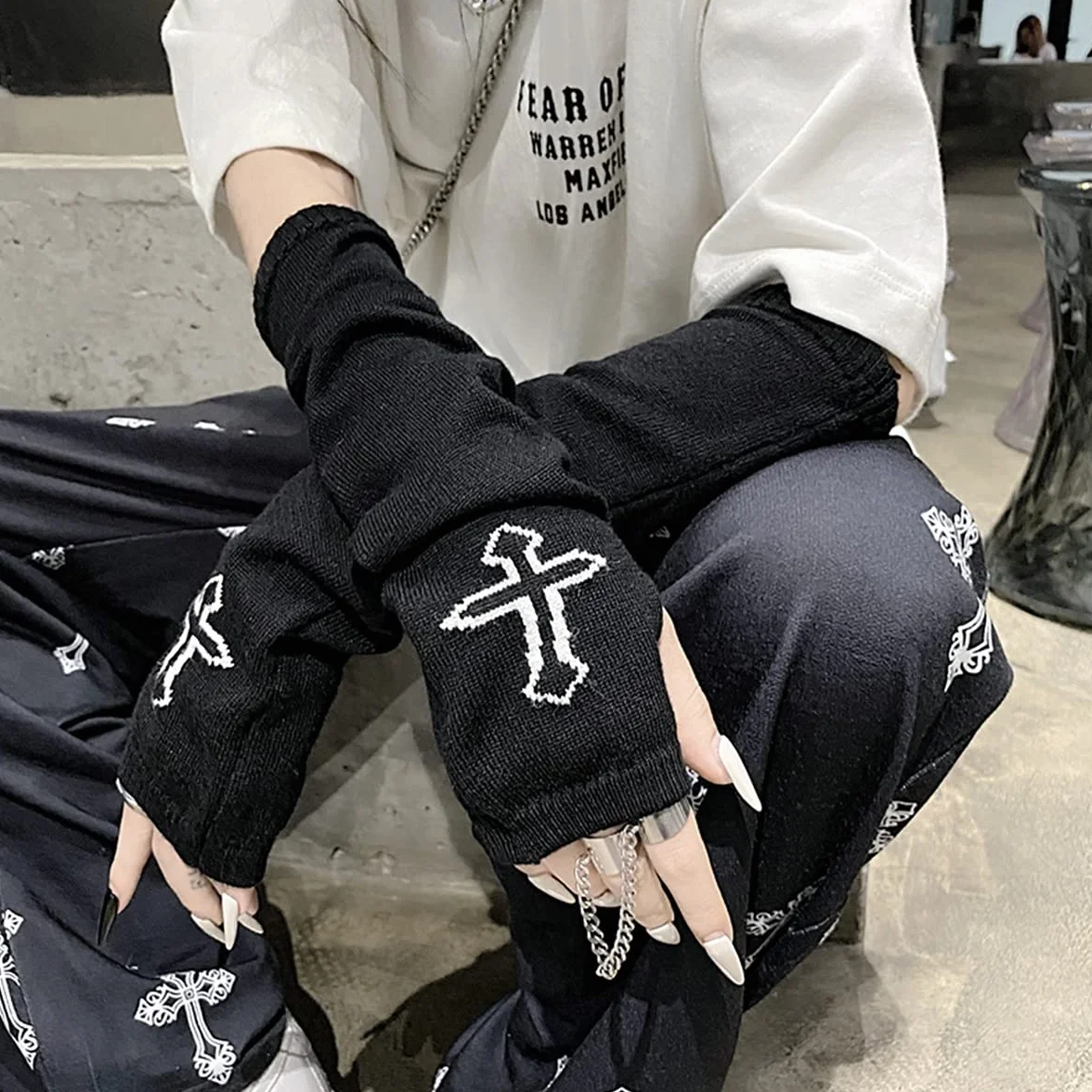 Rękawiczki damskie gotyckie rękawy rękaw Cool Black Moon Cross Printed Hip Hop Mankiety na ramię