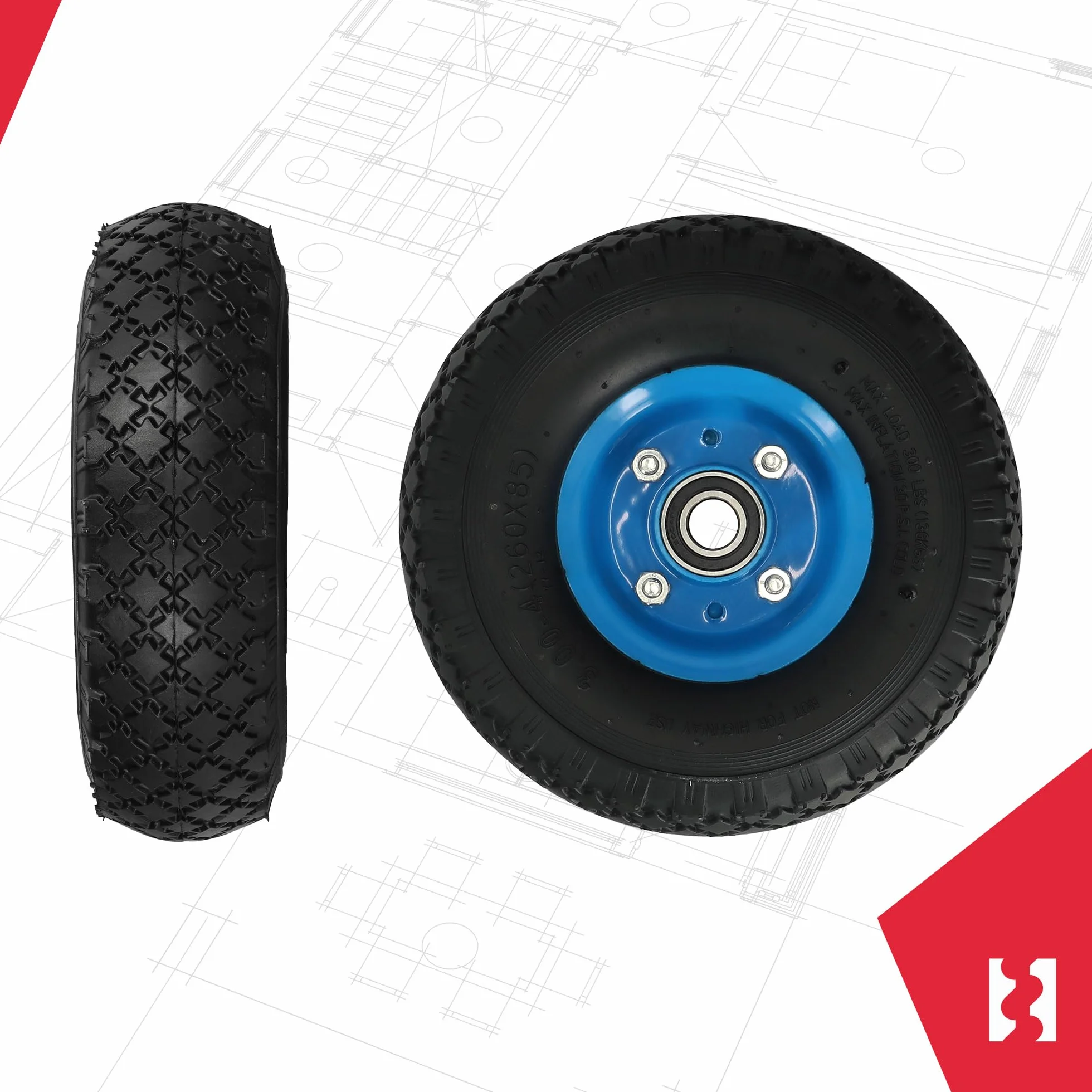 KOTARBAU® Zestaw 2 kół do wózka transportowego, koła do wózka transportowego z pełnymi oponami gumowymi 260 x 85 mm 3.00-4, wzmocnione, 4PR, koła kompletne, opony do wózka transportowego, koła