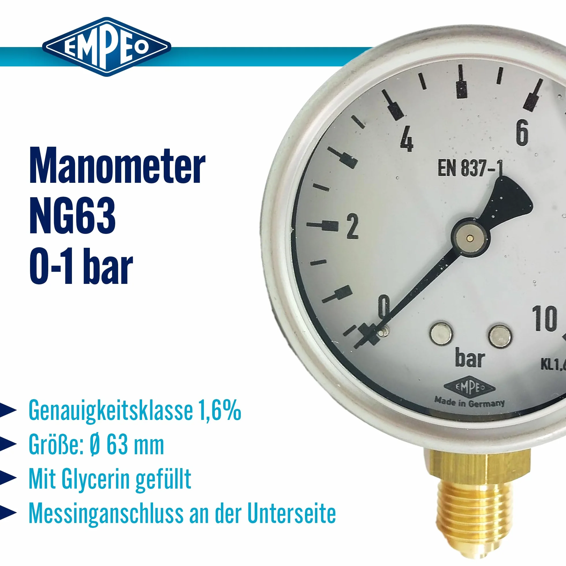 Manometr, NG63, 0-1bar, G1/4" wypełniony gliceryną