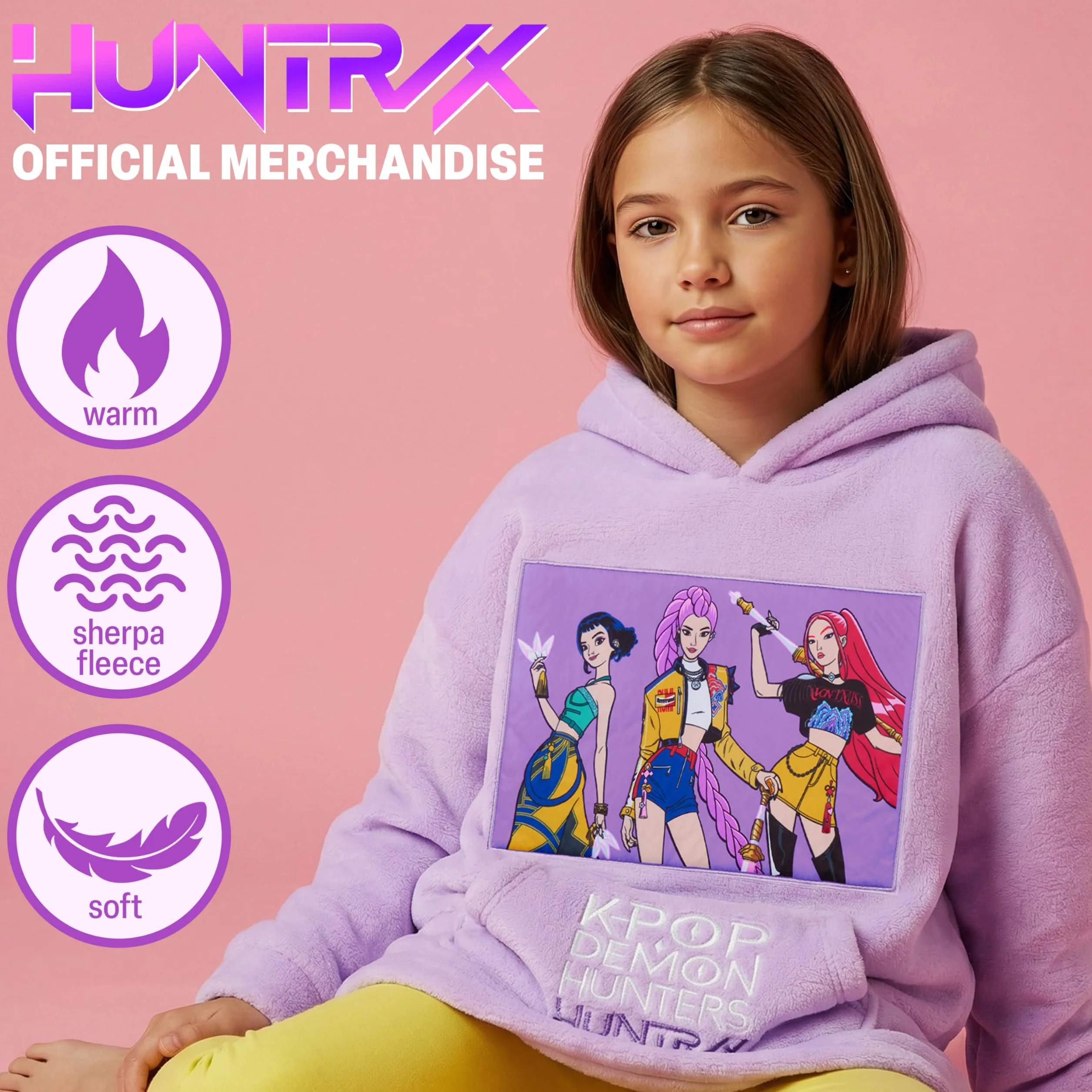 KPop Demon Hunters Oficjalna bluza z kapturem, miękkie ponczo Sherpa z kieszenią typu kangur, Rumi Mira Zoey Merch, prezent dla dzieci