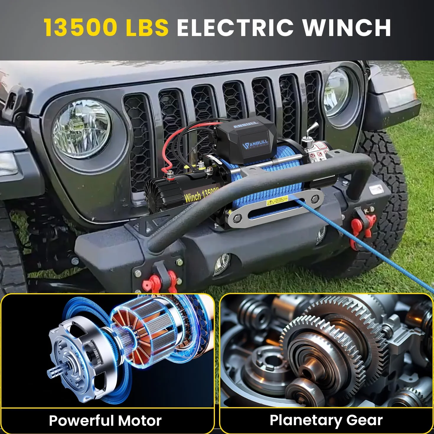 Anbull Wciągarka elektryczna 12 V 13 500 lbs / 6136 kg, 9,5 mm x 26 m, wodoodporny IP67, lina nylonowa, zastosowanie do quadów, SUV, ciężarówek, przyczepy do łodzi, pick-up SUV-a