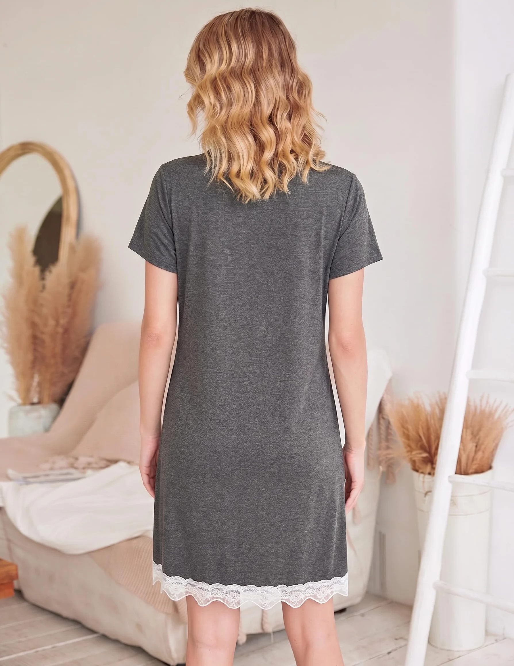 Ekouaer Koszula nocna damska, krótka bielizna nocna, krótki rękaw, koszulka do spania, dekolt w serek, koronka z zapięciem na guziki, S-XXL