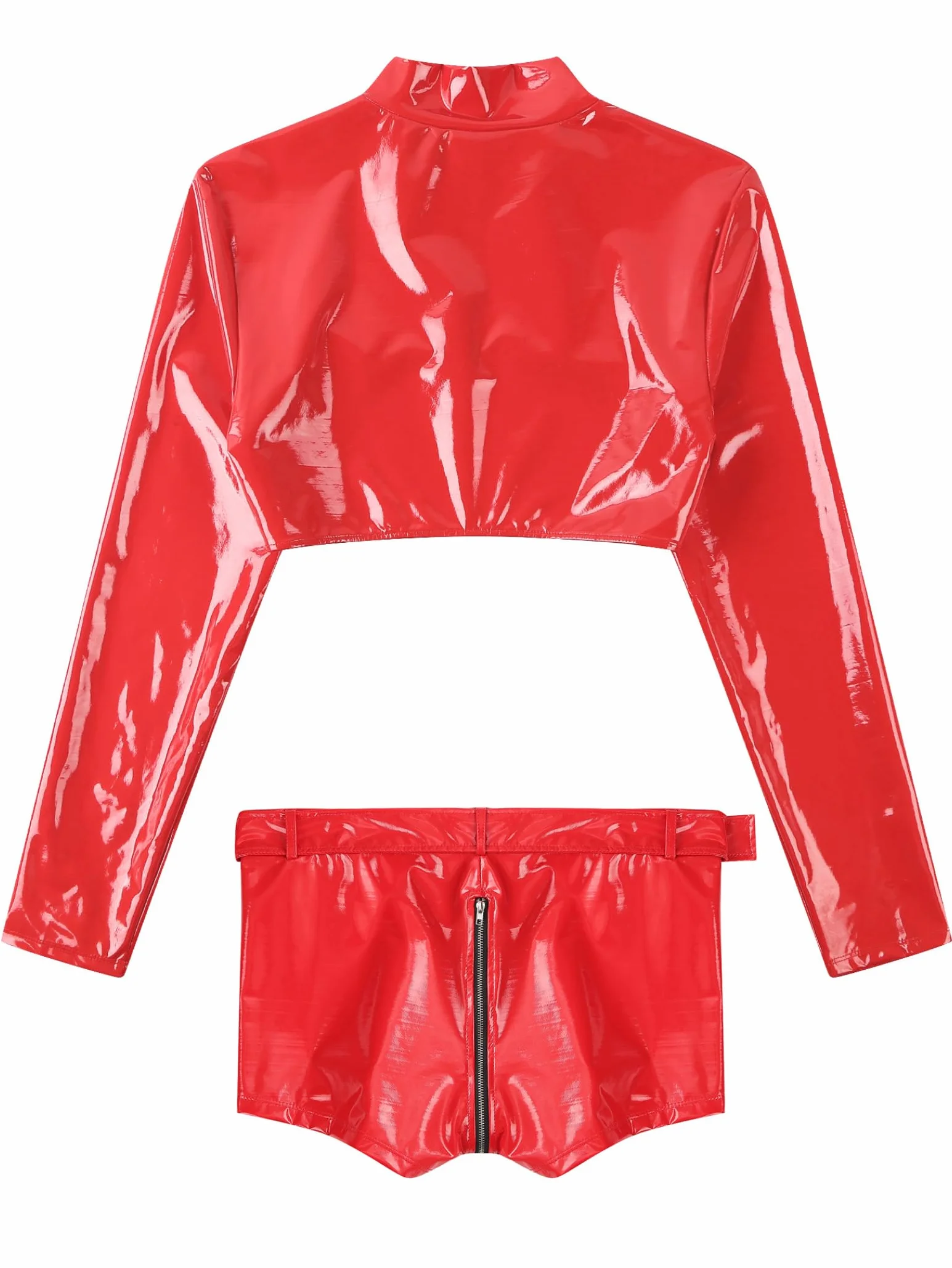 Męskie Wetlook Bielizna Erotyczna Bielizna Lakierowana Skóra Babydoll Crop Top odkrywające bokserki ze skóry PU, Czerwona, M