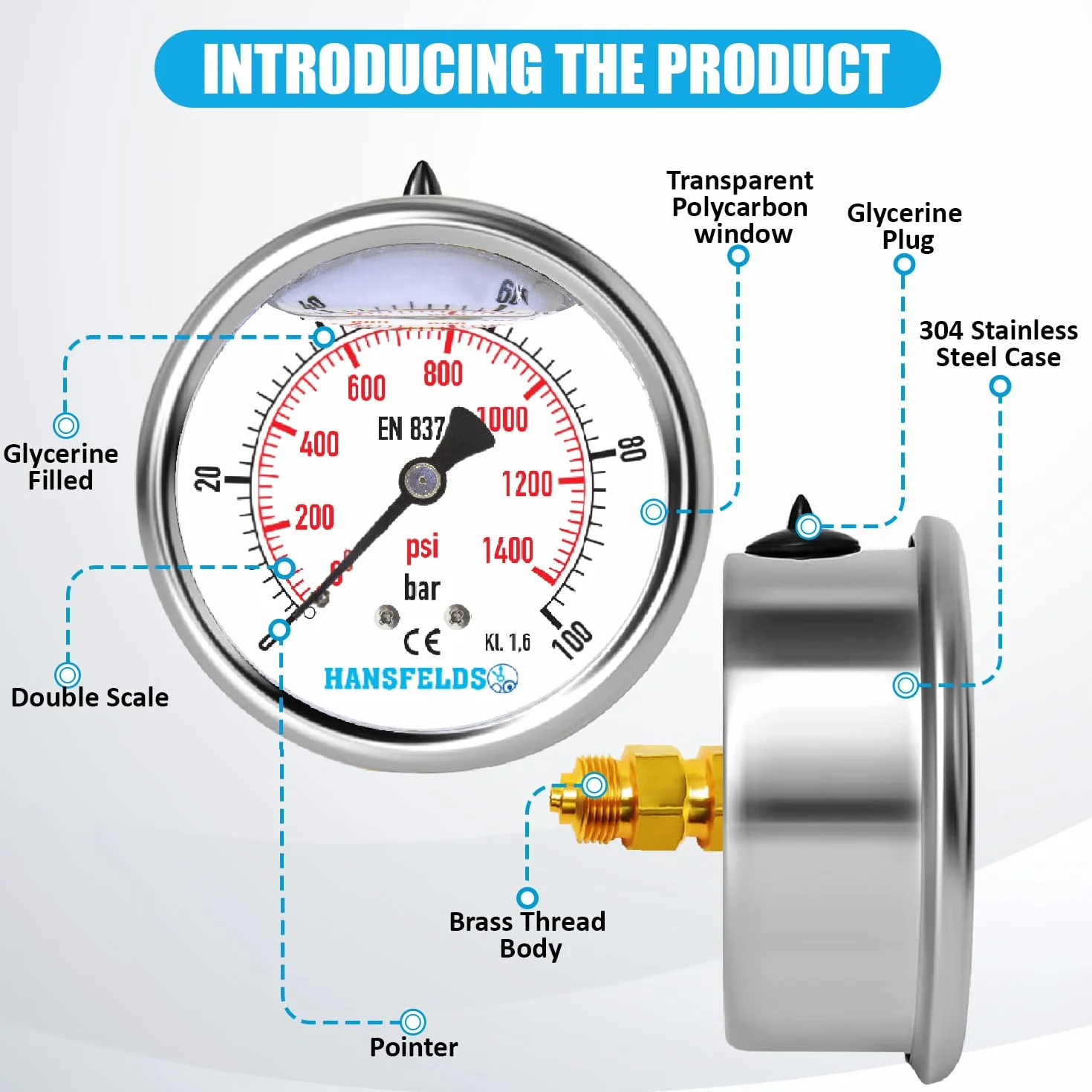 Manometr Hansfelds 0–100 bar/PSI, tarcza 63 mm, tylne przyłącze mosiężne G1/4" BSP, wypełniony cieczą (gliceryną), klasa dokładności 1.6, w zestawie 2 redukcje na 3/8" oraz 1/2".