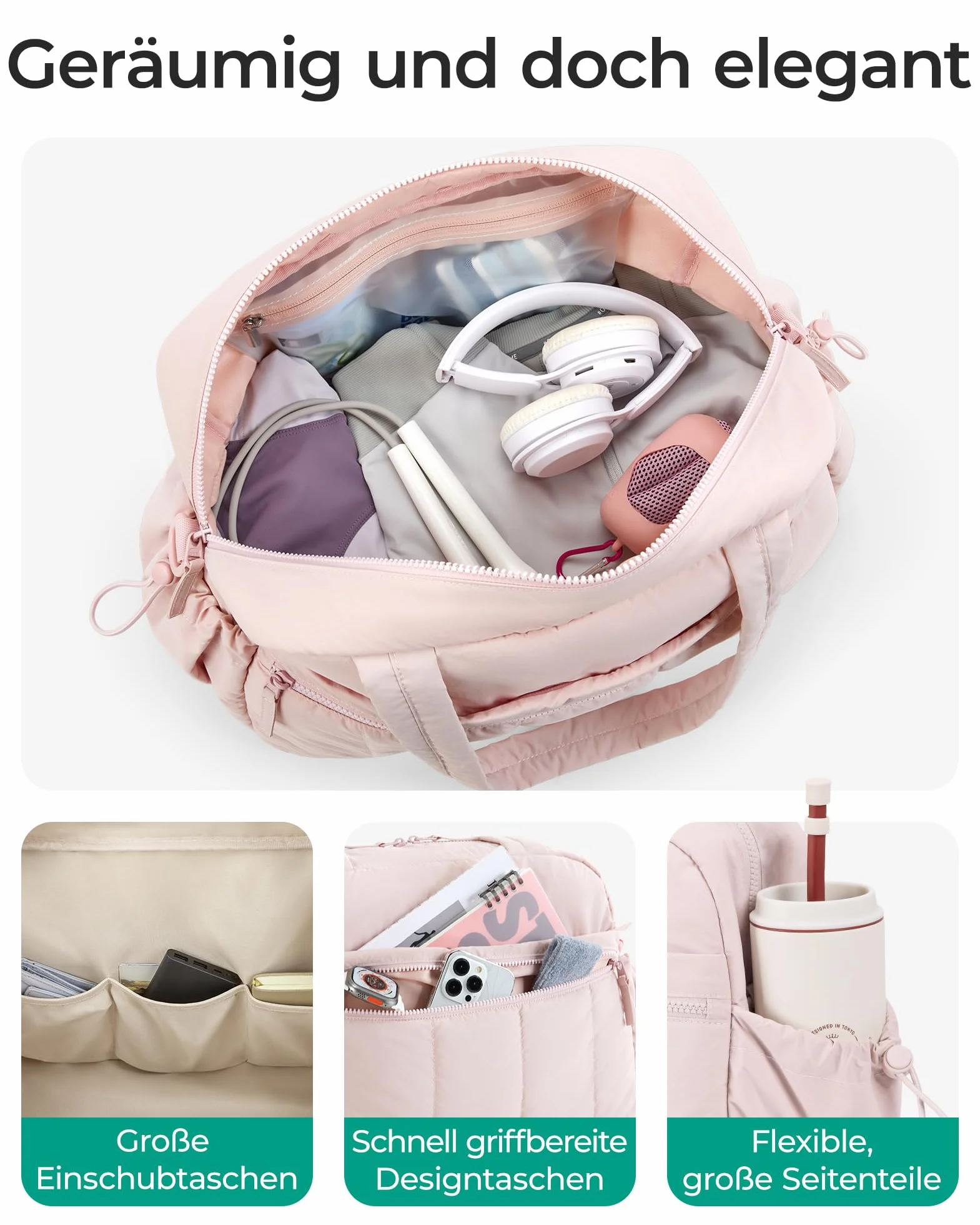 BAGSMART Torba Podróżna Damska 24L Sportowa Wodoodporna Puch Różowy