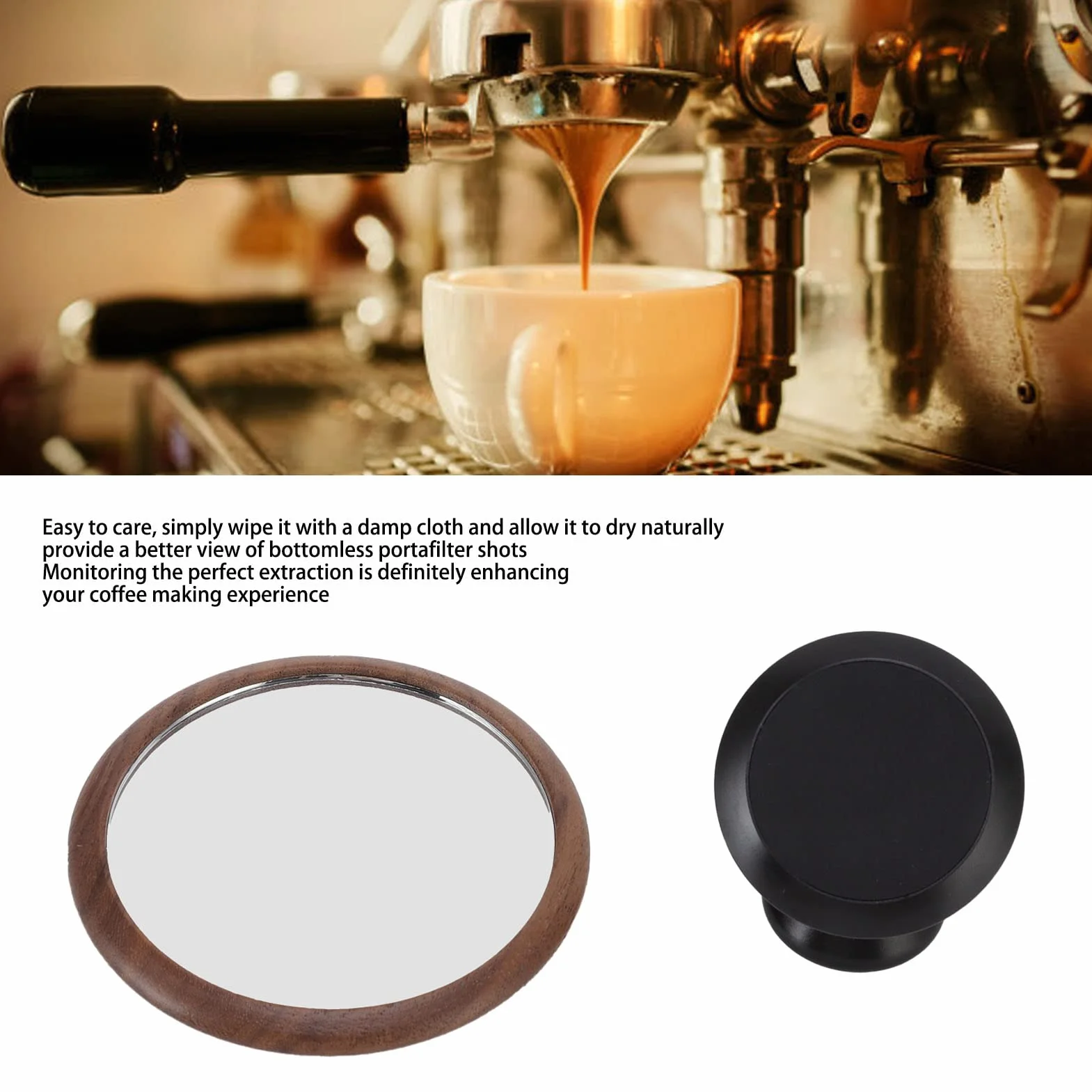 Espresso Mirror, Obrót o 360 Stopni Obserwacja Natężenia Przepływu Kawy Lustro Odblaskowe Średnica 2,4 Cala Manipulowanie kawą Lustro Odblaskowe Orzech Czarna Podstawa