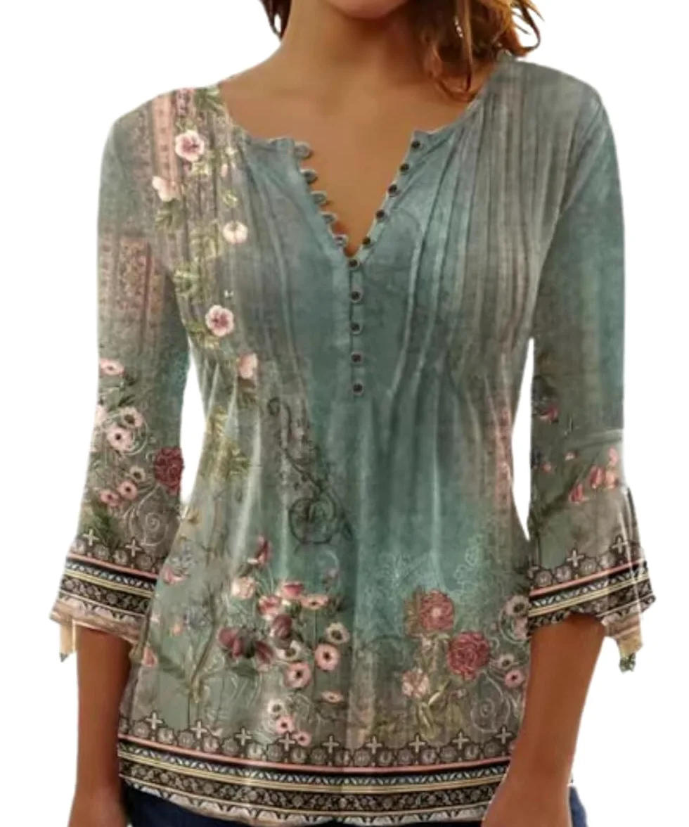 ABYOVRT Elegancka bluzka damska, dekolt w serek, rękaw 3/4, tunika, top, luźna bluzka w kwiaty, Henley, długa koszulka w luźnym stylu, koszulka z długim rękawem, S-XXL