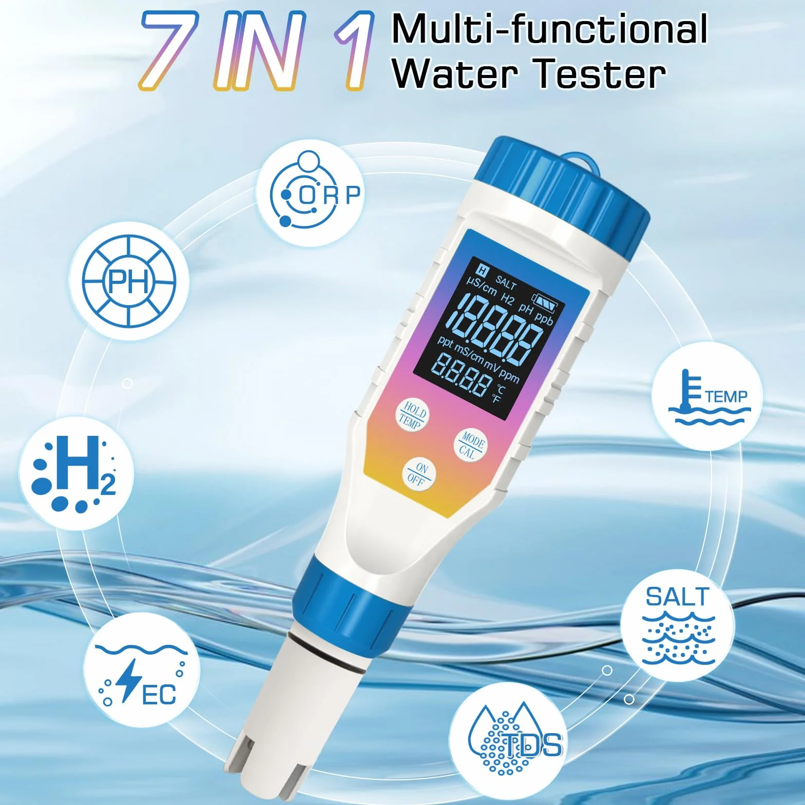 7 w 1 miernik pH wody, zestaw pH/H2/TMEP/EC/TDS/ORP/SALINITY, tester zasolenia akwariów, miernik ORP do wody bogatej w wodór, miernik TDS i EC do hydroponiki