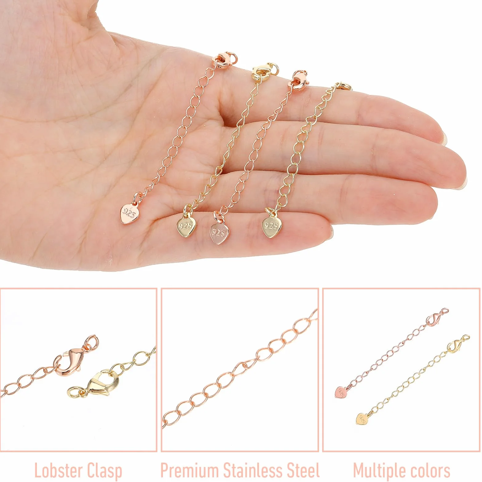 Tyqour 6 sztuk złotych przedłużek do łańcuszka, 6,5 cm, przedłużenie łańcuszka, łańcuszek na kostkę, bransoletka, łańcuszek przedłużający do produkcji biżuterii, serce pozłacane przedłużenie łańcuszka