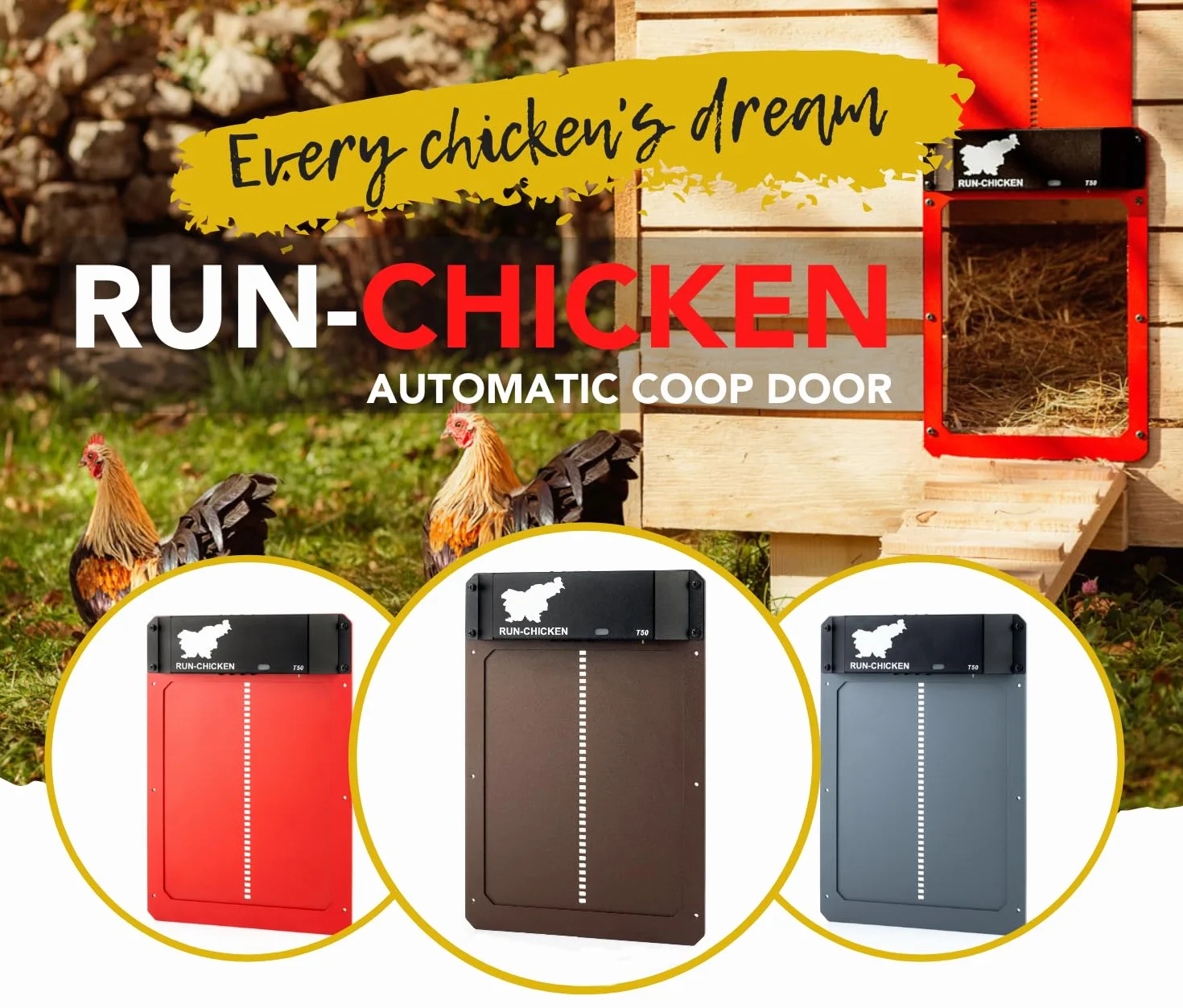 RUN-CHICKEN - Model T50 - Automatyczna brama do kurnika - w pełni aluminiowa - wykrywanie światła - timer otwarcia wieczorem i porannym