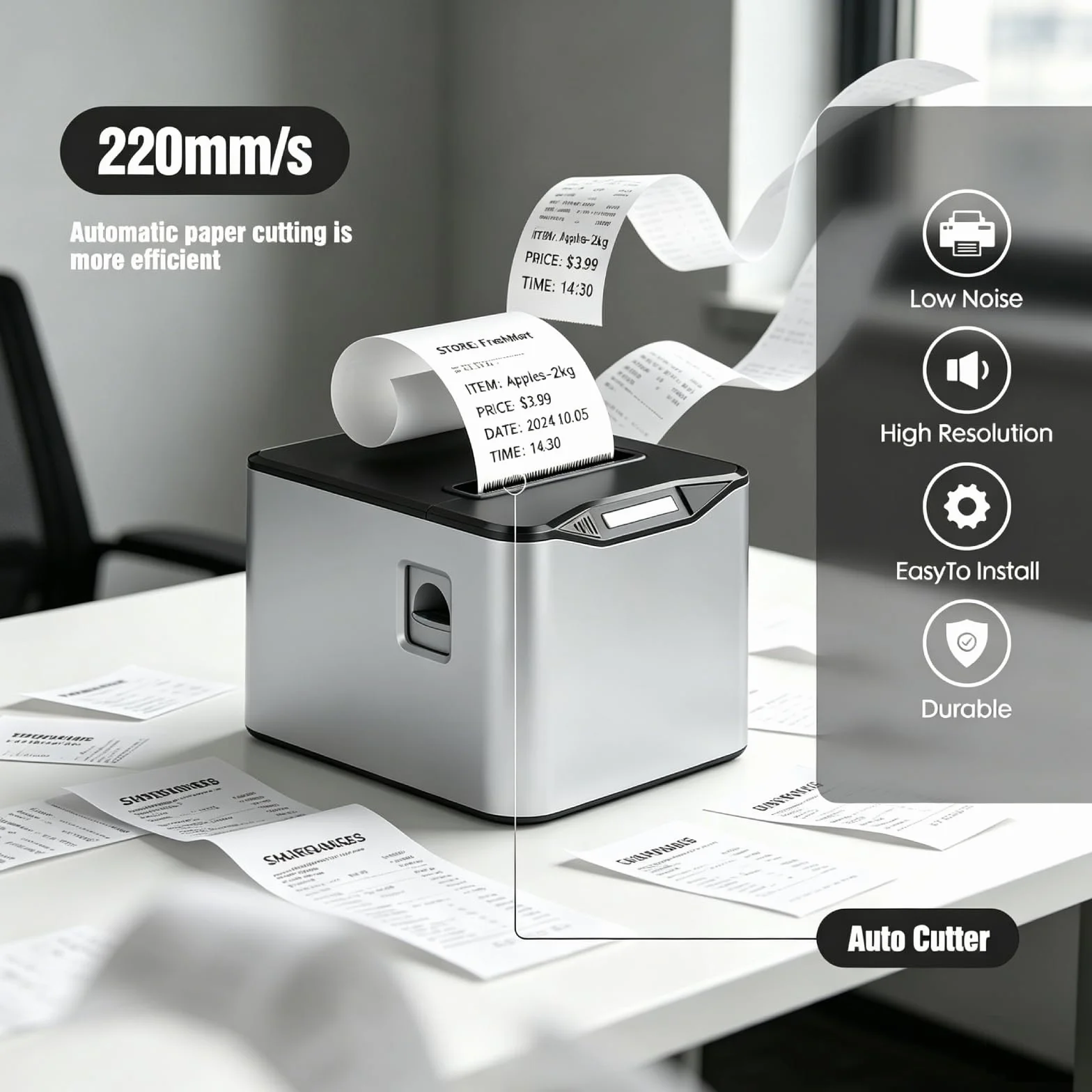 Bisofice Drukarka termiczna do paragonów 80 mm z ESC/POS, drukarka kasowa, obsługuje automatyczne cięcie (220 mm/s, port USB + port szeregowy Ethernet) (POS-8370)
