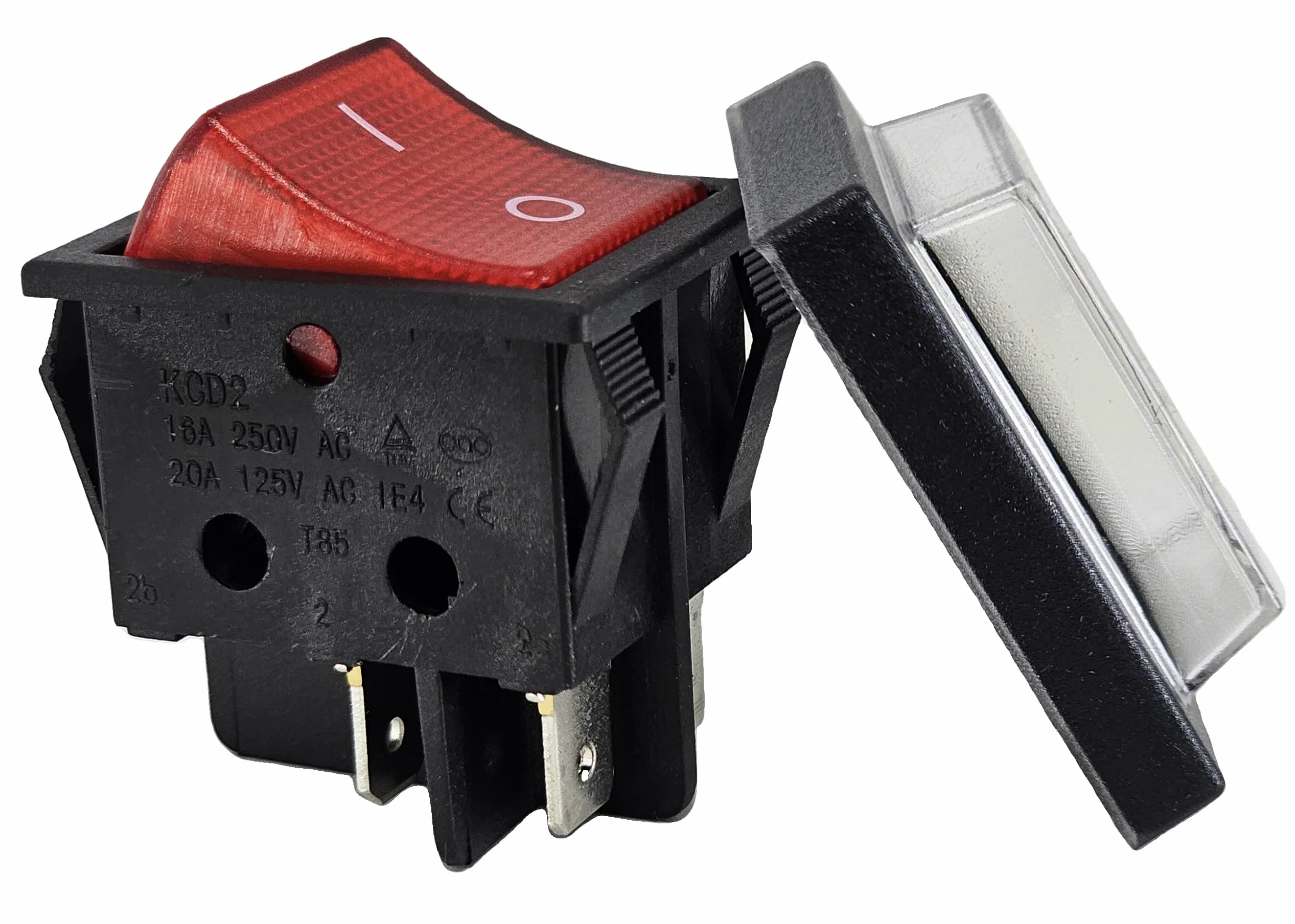 Przełącznik kołyskowy z wodoszczelną osłoną, 2-biegunowy (4pin), 16 A, 250 V AC, 30 x 22 mm, czerwony kołysk, podświetlany