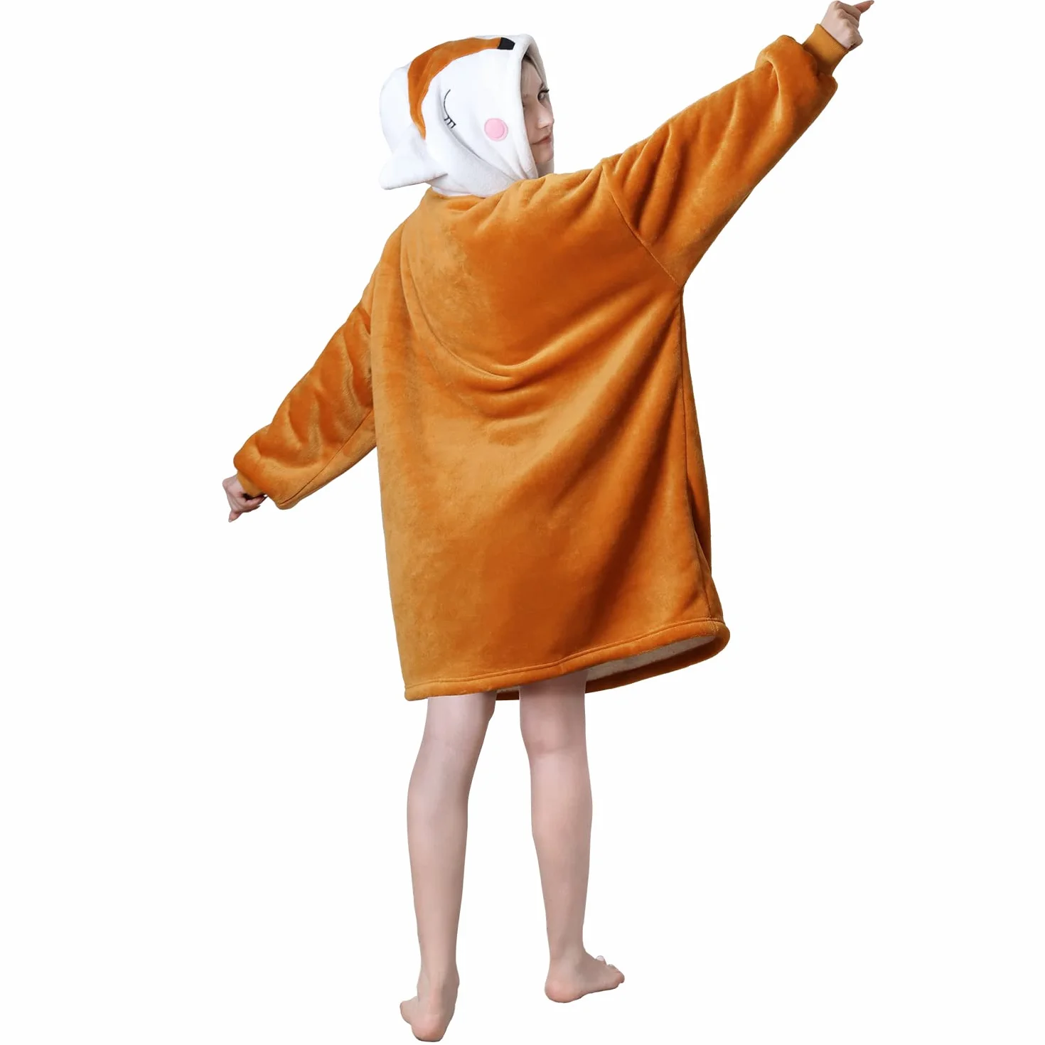 Bluza z kapturem z motywem lisa, ponadwymiarowa bluza Sherpa wygodna bluza dla dorosłych kobiet dziewcząt, ciepły przytulny zwierzęcy koc z kapturem pomarańczowy