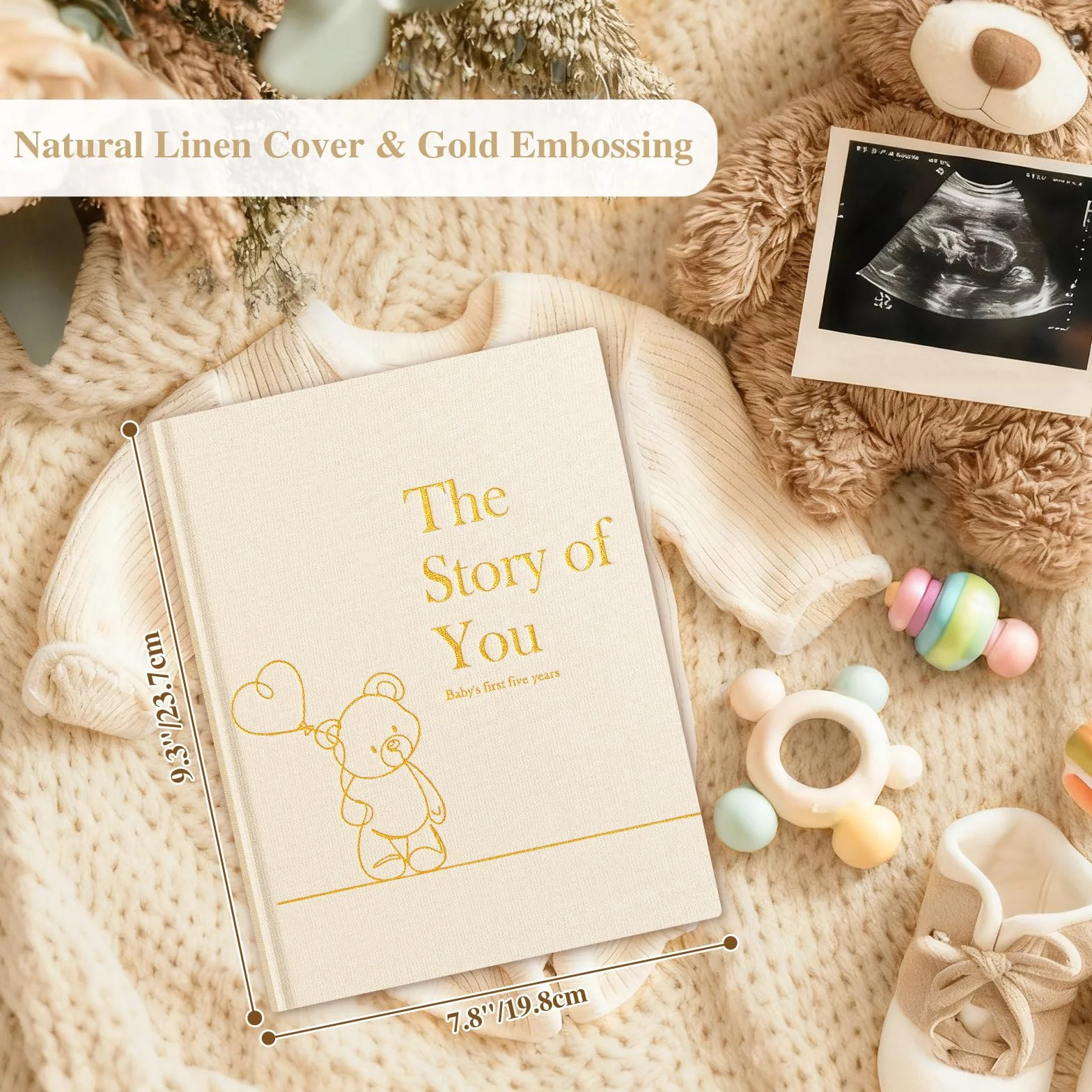 Lanpn Album ze zdjęciami dla dziecka Pierwszy 5 Rok dla chłopca dziewczynki, The Story of Your Baby Memory Book, Pamiętnik Baby Book, Dziennik dla noworodków Prezent (beżowy, angielski, 154 strony)