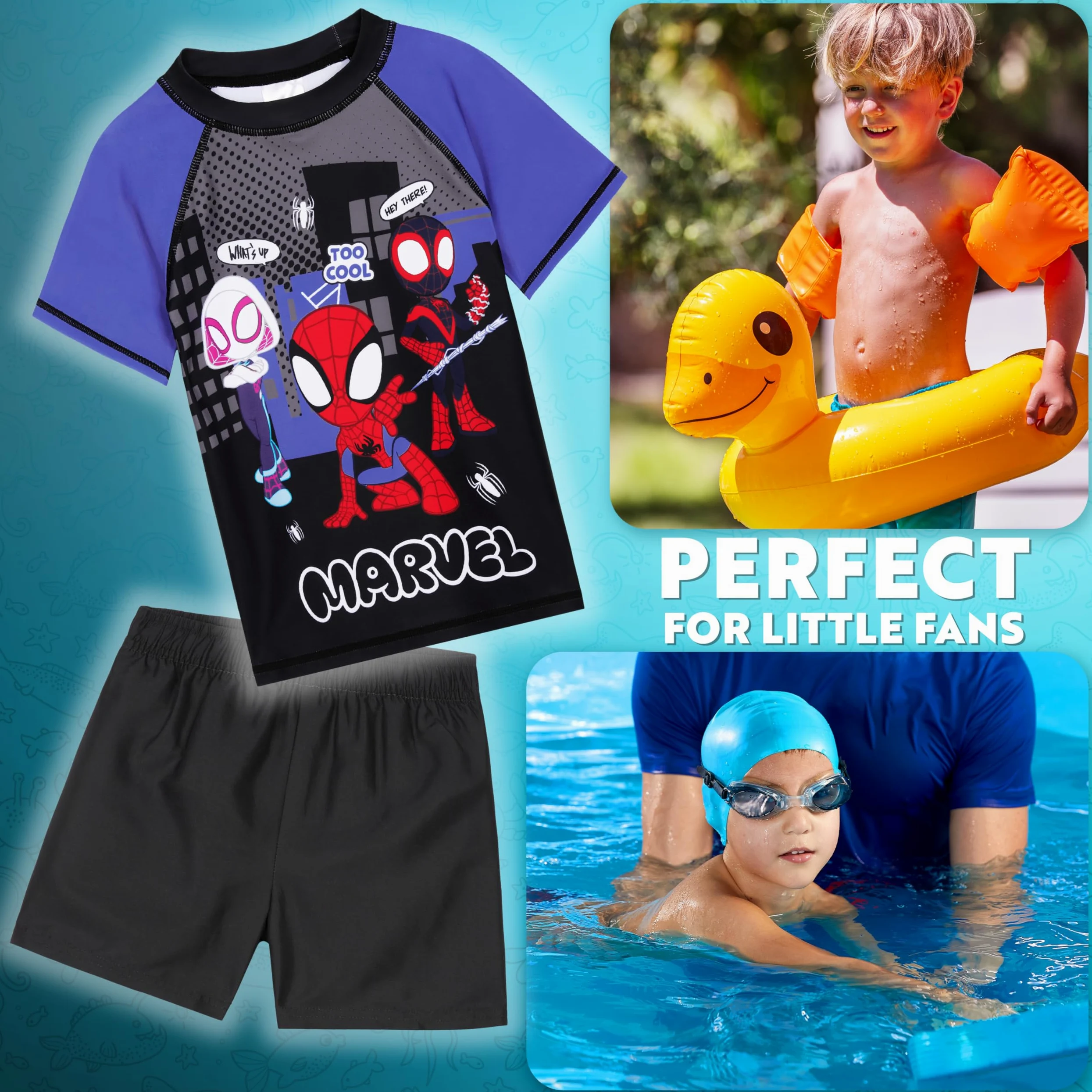 Marvel Spidey 2-częściowy zestaw strojów kąpielowych dla chłopców, ochrona przed promieniowaniem UV i szorty kąpielowe dla dzieci, basen, plaża, wakacje, prezent dla chłopca