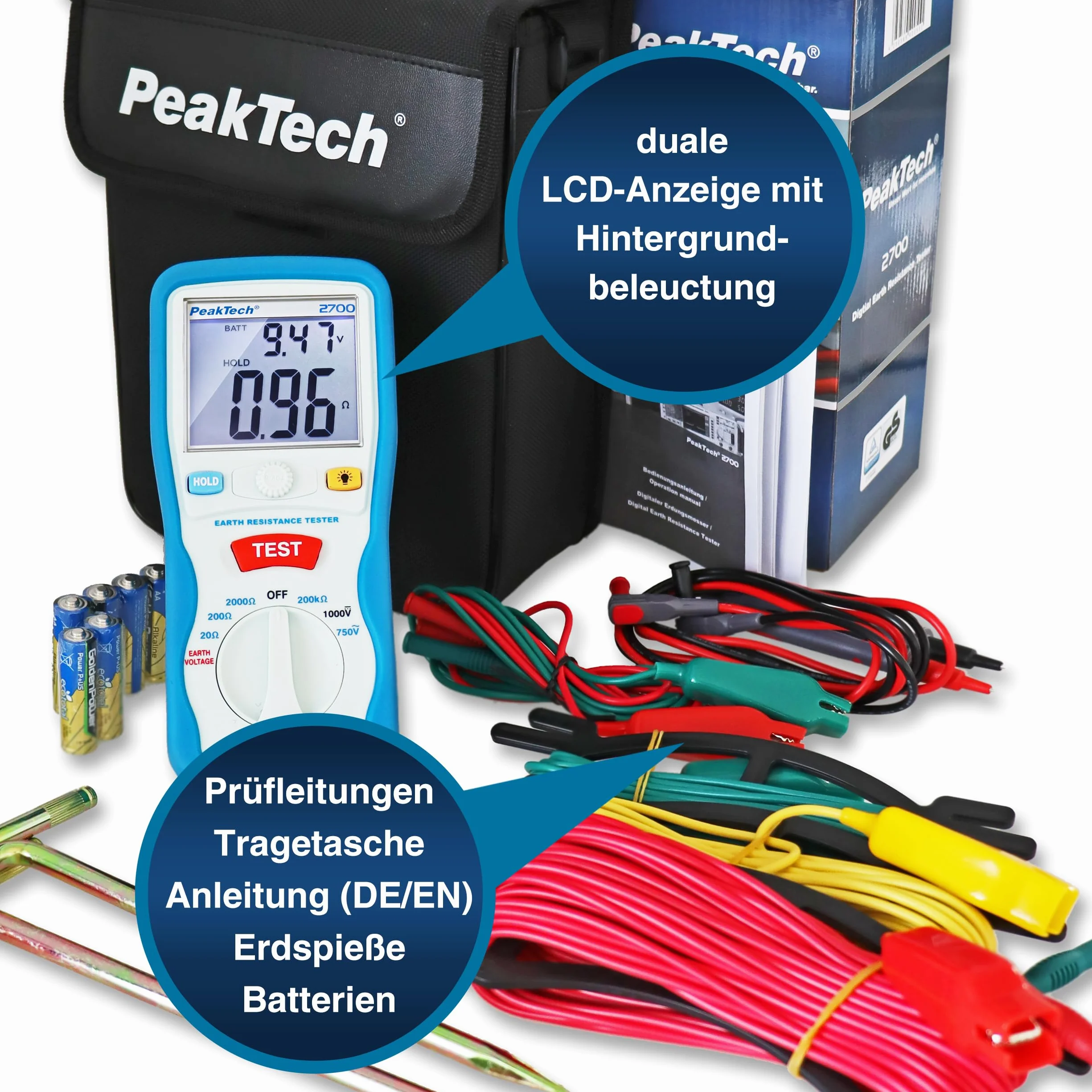 PeakTech 2700 - cyfrowy miernik uziemienia z podświetlanym podwójnym wyświetlaczem LCD i 2 prętami uziemiającymi, oporem podłogowym, pomiarem, AC/DC, TÜV/GS, Data-Hold
