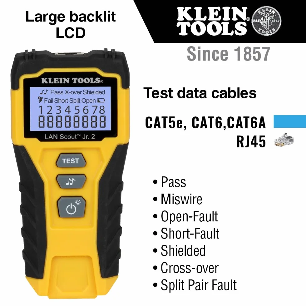 Klein Tools VDV526‑200E | V LAN Scout Jr. 2 tester kabli | do kabli sieciowych Cat 3-7 | test RJ45 i toner | LCD z podświetleniem tła | pilot zdalnego sterowania i baterie w zestawie | kompaktowa