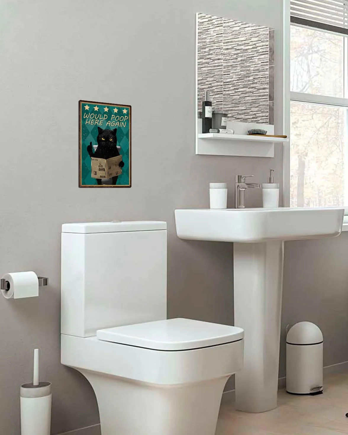 Piemow Zabawny czarny kot metalowy znak dekoracja ścienna 'Would Poop Here Again' vintage artystyczne plakaty prezent dla miłośników kotów łazienka toaleta dekoracja 20 x 30 cm
