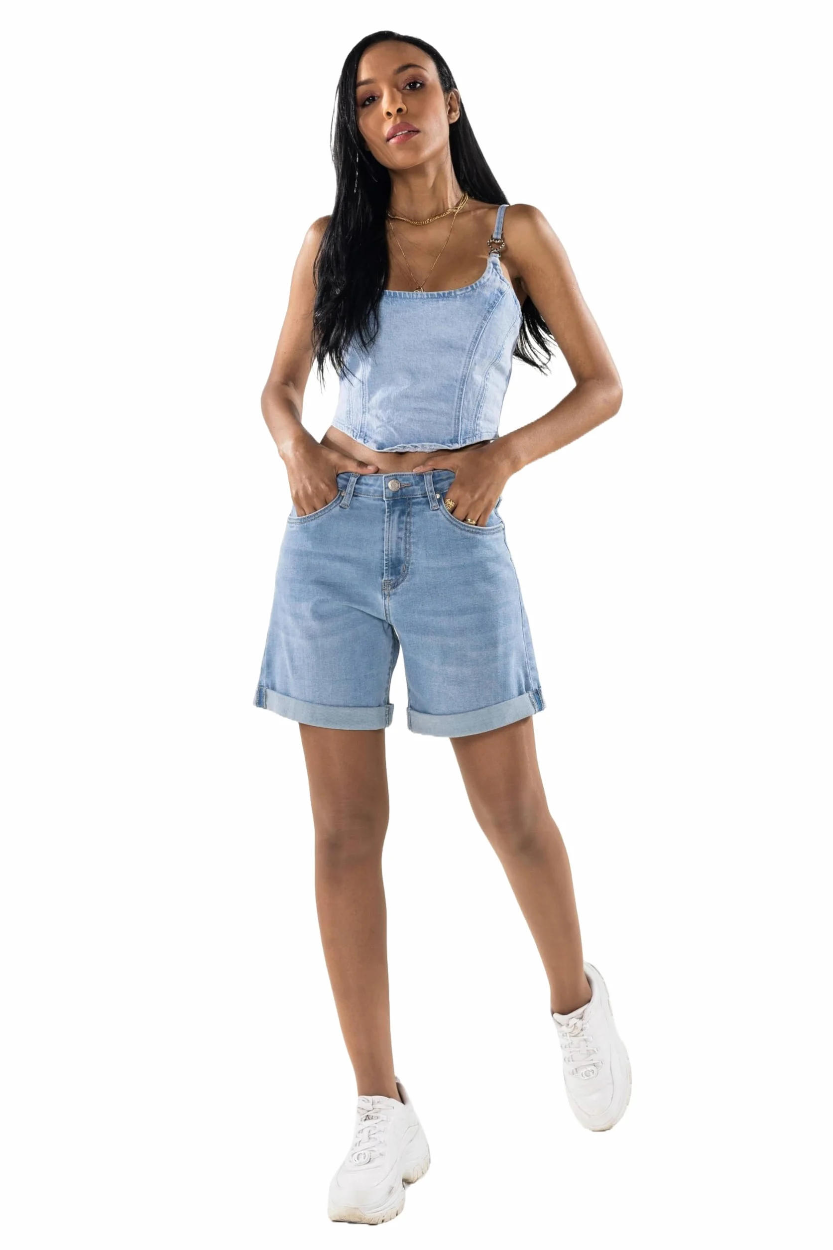 Nina Carter P208 damskie szorty jeansowe z wysokim stanem, styl used look, na uda, denim, letnie szorty