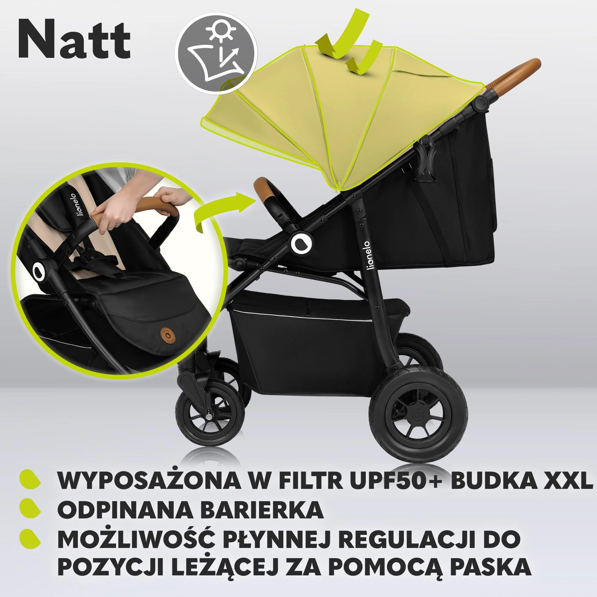 LIONELO Natt Spacerowy Wózek Dziecięcy do 22 kg Regulacja Uchwytu i Oparcia do Pozycji Leżącej, 5 Punktowe Pasy Duże Terenowe Koła Pełna Amortyzacja Wodoodporna Budka XXL, 0-4 lat (Beżowy)