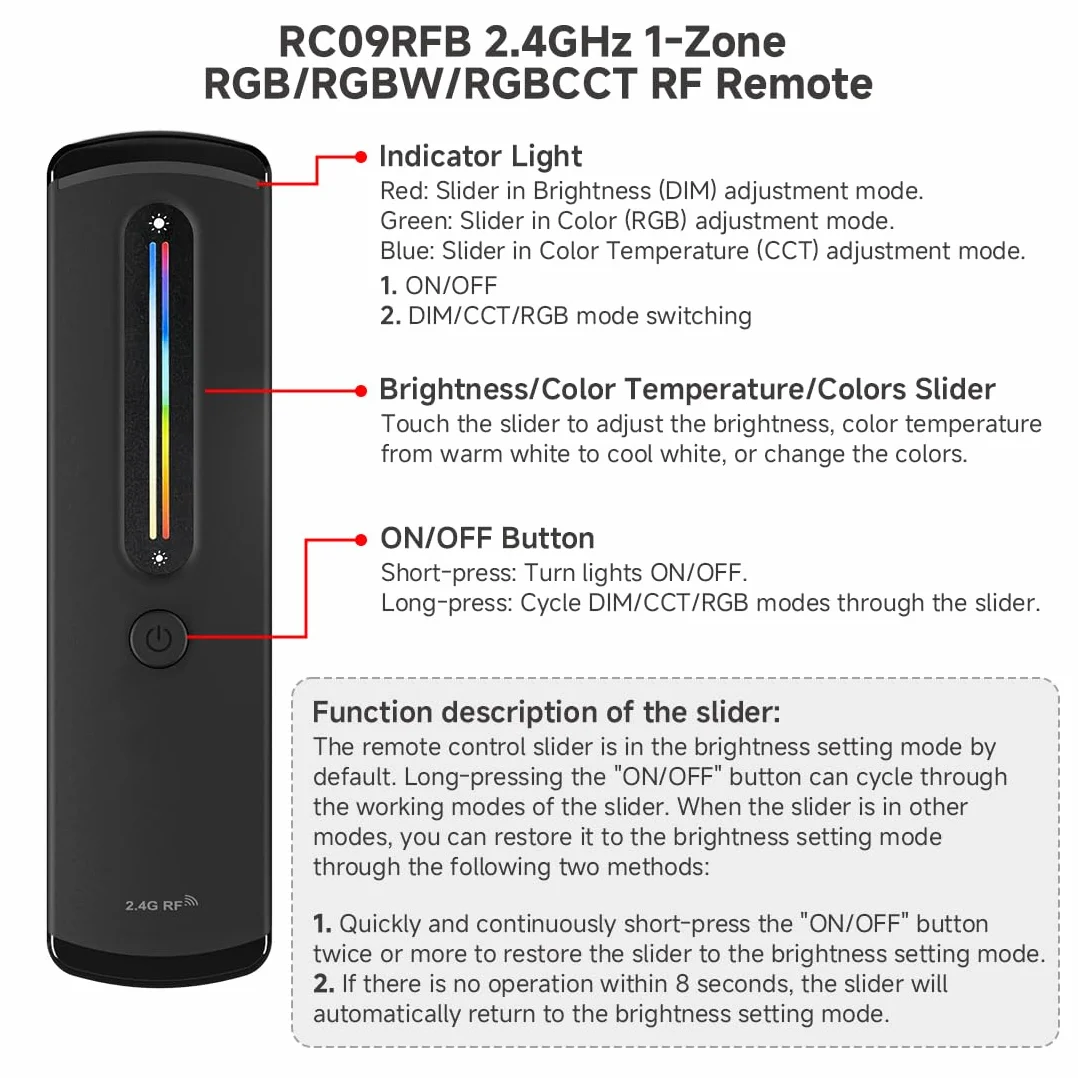 BTF-LIGHTING RC09RFB+C04RF 2,4GHz RF bezprzewodowy kontroler zestaw do PWM 5-pinowy (+ R G B W) FCOB SMD RGBW LED taśma z regulacją jasności 5 V/12 V/24 V, wymaga bramki Tuya GW01W (sprzedawana