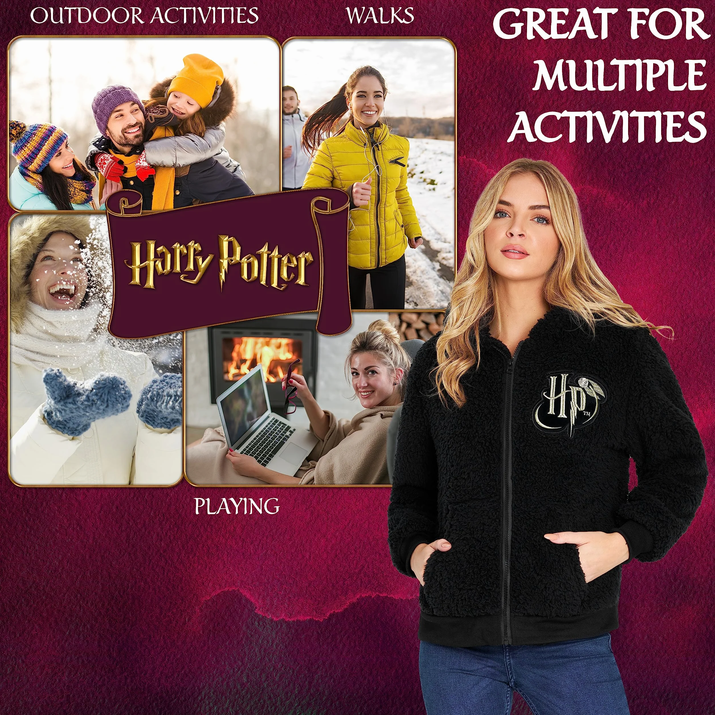 Harry Potter Sherpa Bluza z kapturem dla dziewczyn, zapinana na zamek, polarowa bluza z kapturem dla dzieci nastolatków (Czarny HP Kids)