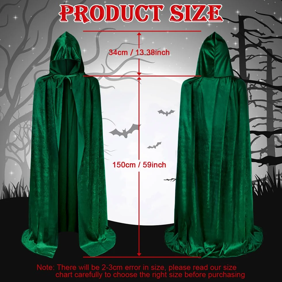 AOOWU Zielona peleryna, Halloween, peleryna z kapturem, czarownica, akcesoria do cosplay, kostium dla dorosłych, ponury żniwiarz, peleryna, długi płaszcz dla wampira, na Halloween, imprezę rodzinną