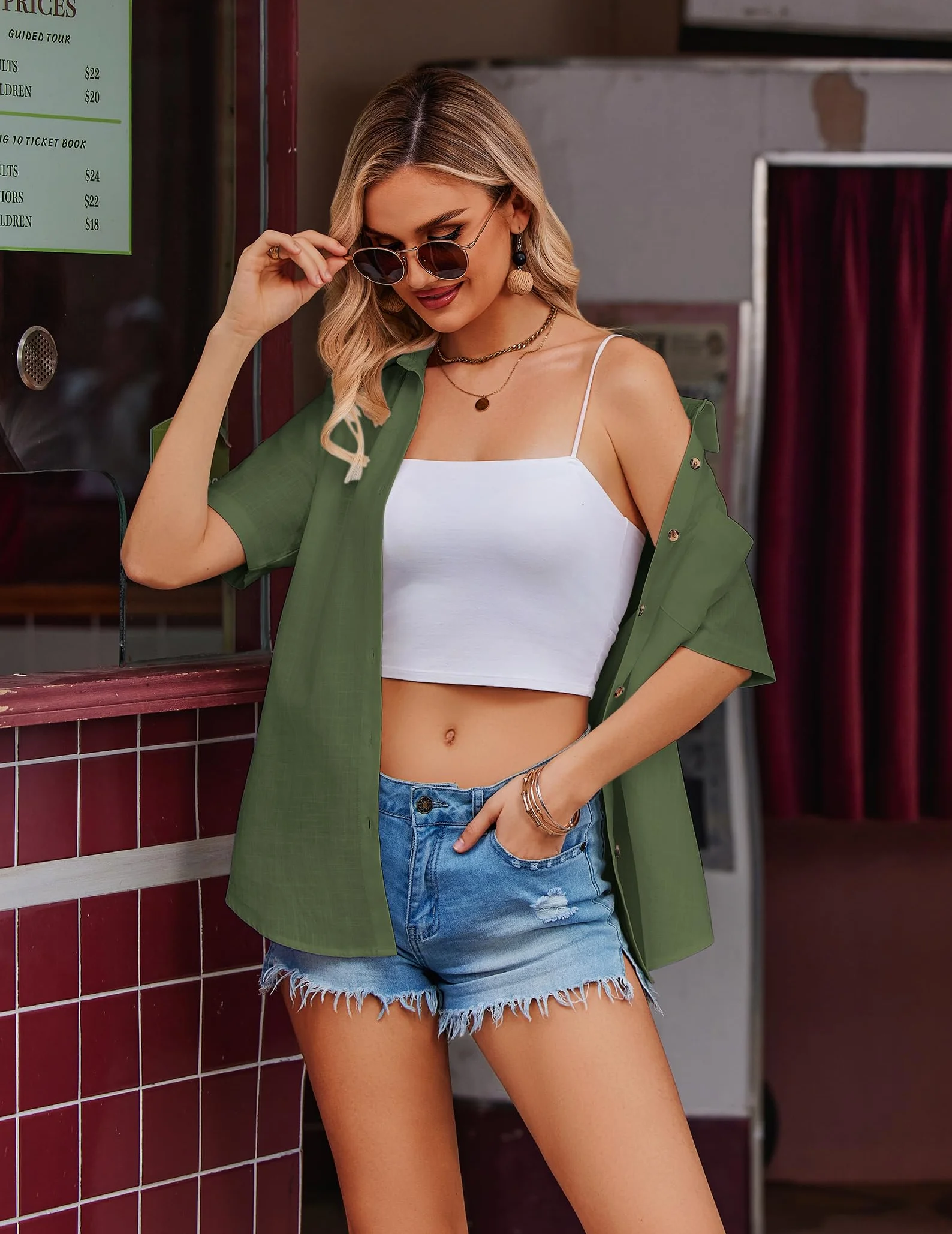 Zeagoo Bluzka damska, luźna, dekolt w serek, muślinowa, koszula letnia, z krótkim rękawem, 100% bawełna, top, solidna bluzka, elegancka koszula z kieszenią